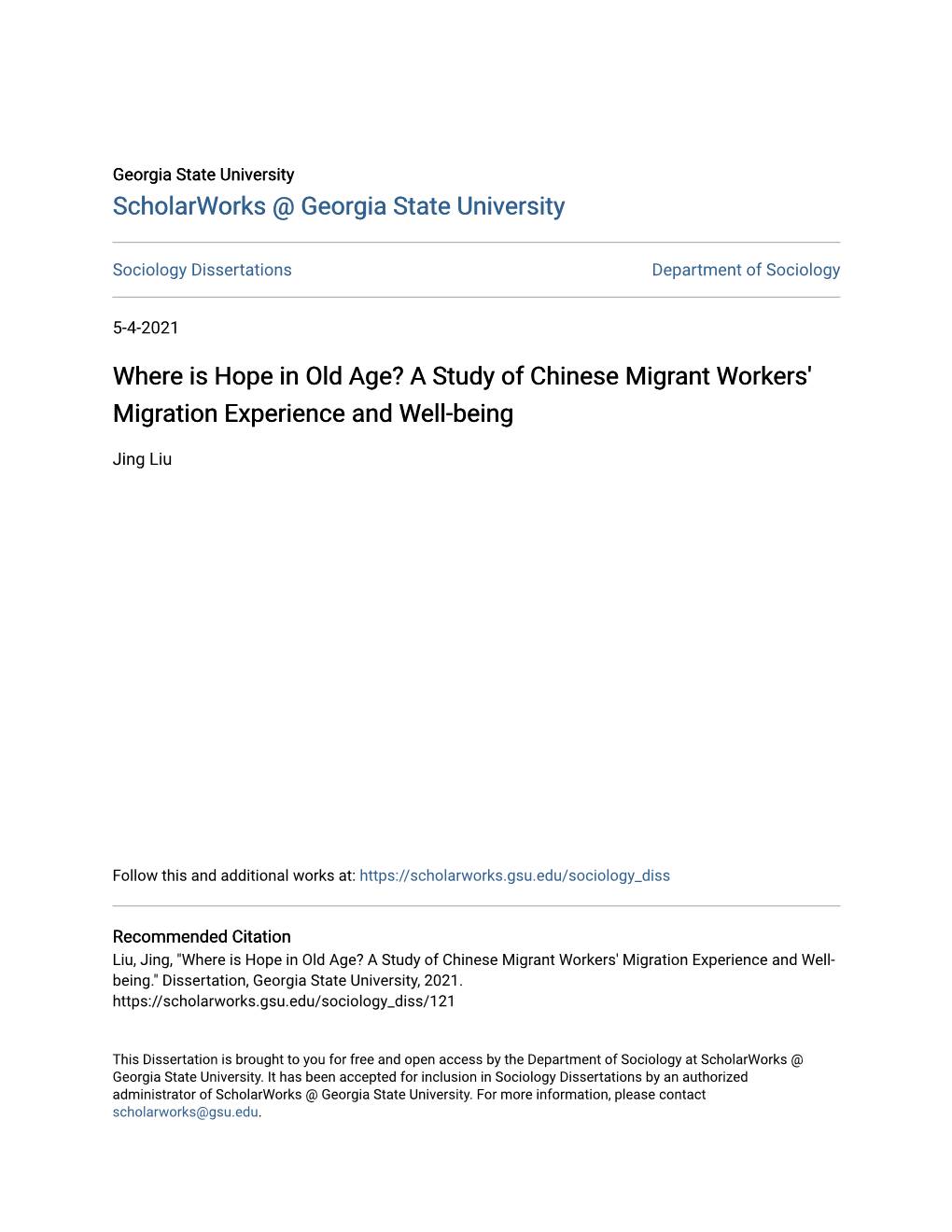 Where Is Hope in Old Age? a Study of Chinese Migrant Workers' Migration Experience and Well-Being