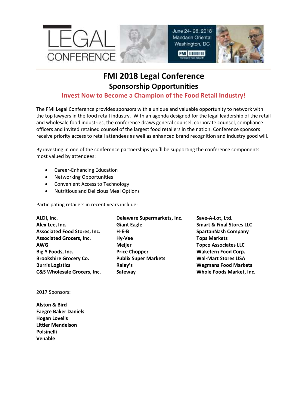 FMI 2018 Legal Conference Sponsorship Opportunities Invest Now to Become a Champion of the Food Retail Industry!
