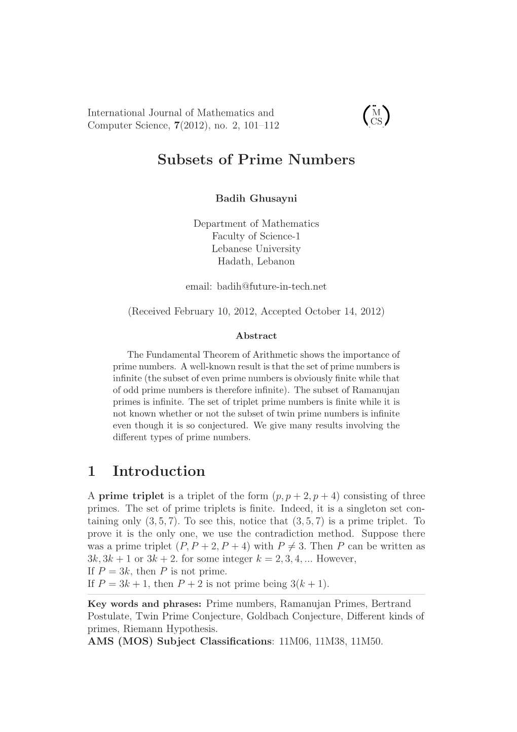 Badih Ghusayni, Subsets of Prime Numbers