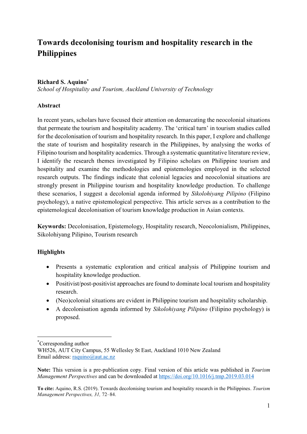 Towards Decolonising Tourism and Hospitality Research in the Philippines