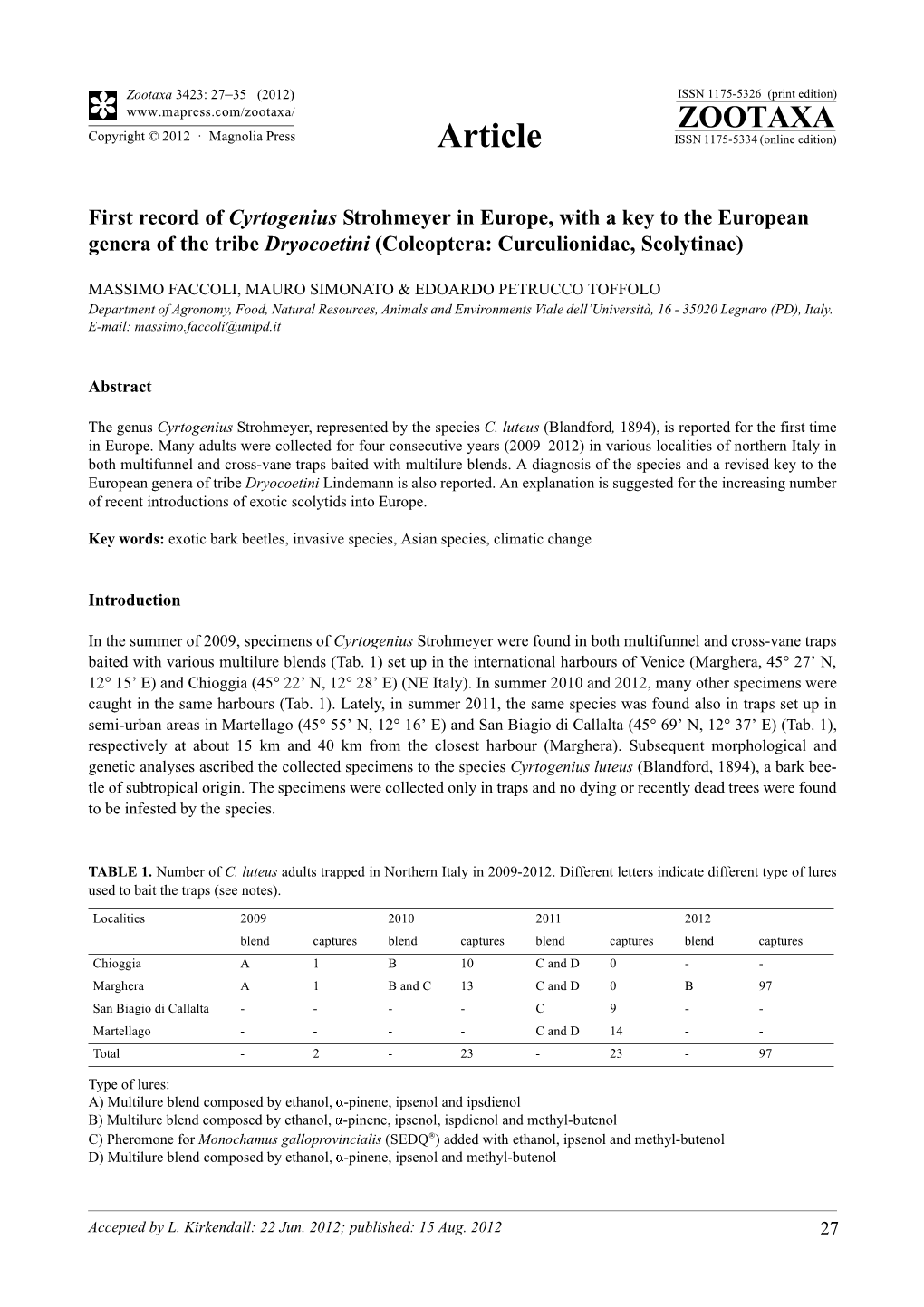 Zootaxa 3423: 27–35 (2012) ISSN 1175-5326 (Print Edition) ZOOTAXA Copyright © 2012 · Magnolia Press Article ISSN 1175-5334 (Online Edition)