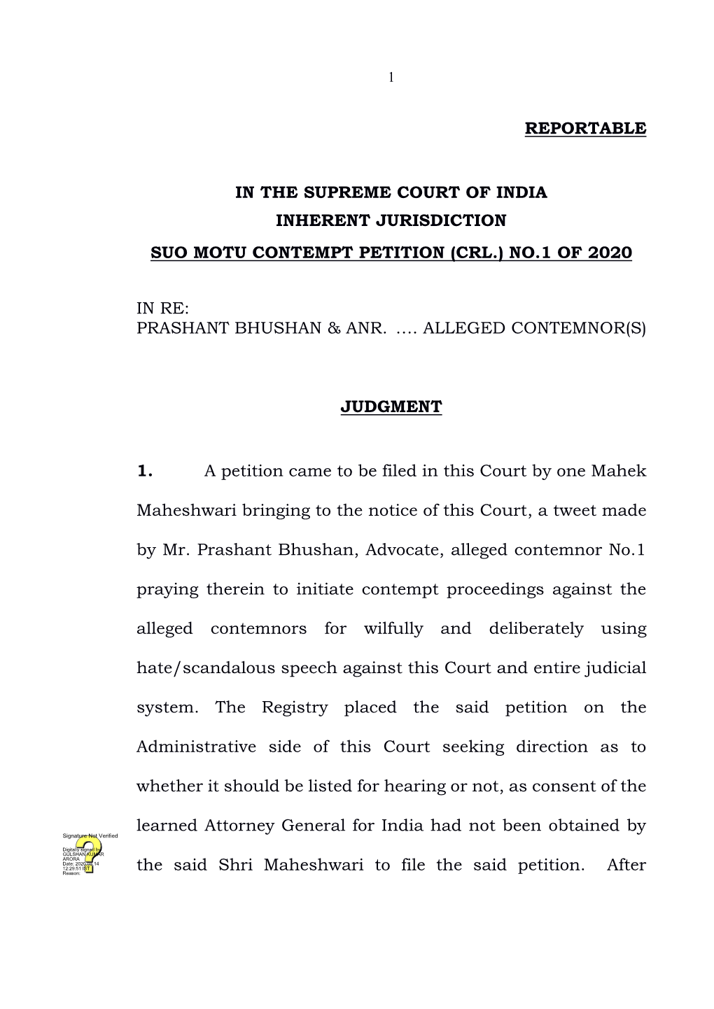 Reportable in the Supreme Court of India Inherent Jurisdiction Suo Motu Contempt Petition (Crl.) No.1 of 2020 in Re: Prashant