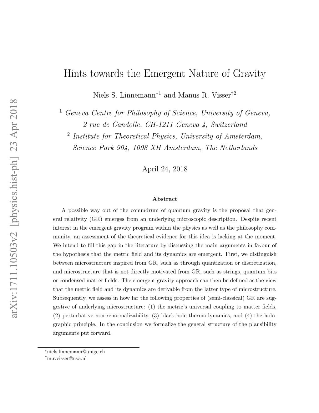 Hints Towards the Emergent Nature of Gravity Arxiv:1711.10503V2