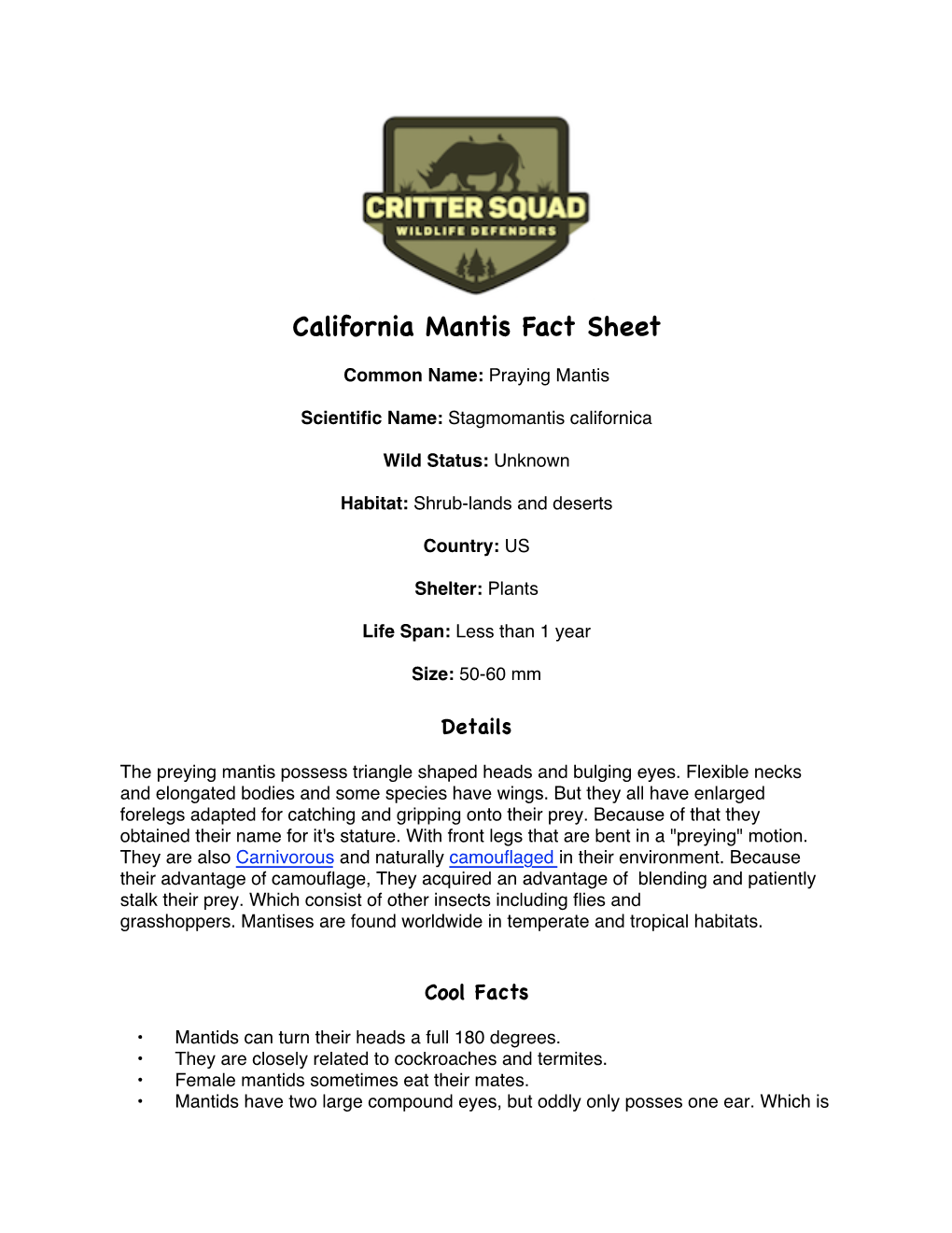 California Mantis Fact Sheet