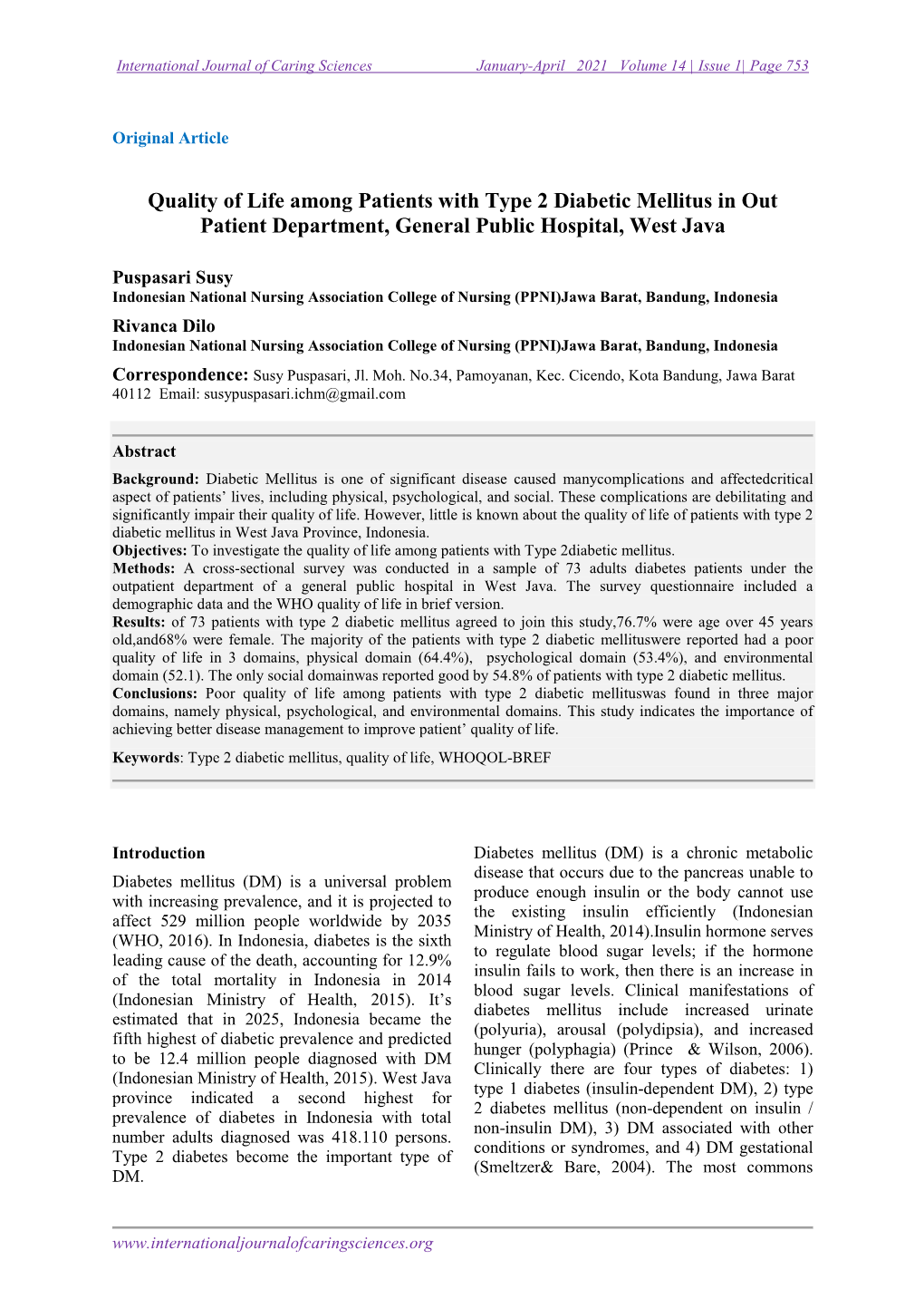 Quality of Life Among Patients with Type 2 Diabetic Mellitus in out Patient Department, General Public Hospital, West Java