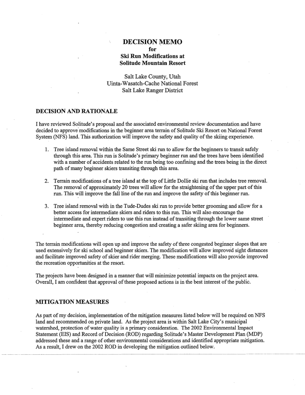 Solitude Mountain Resort Ski Run Modifications Decision Memo