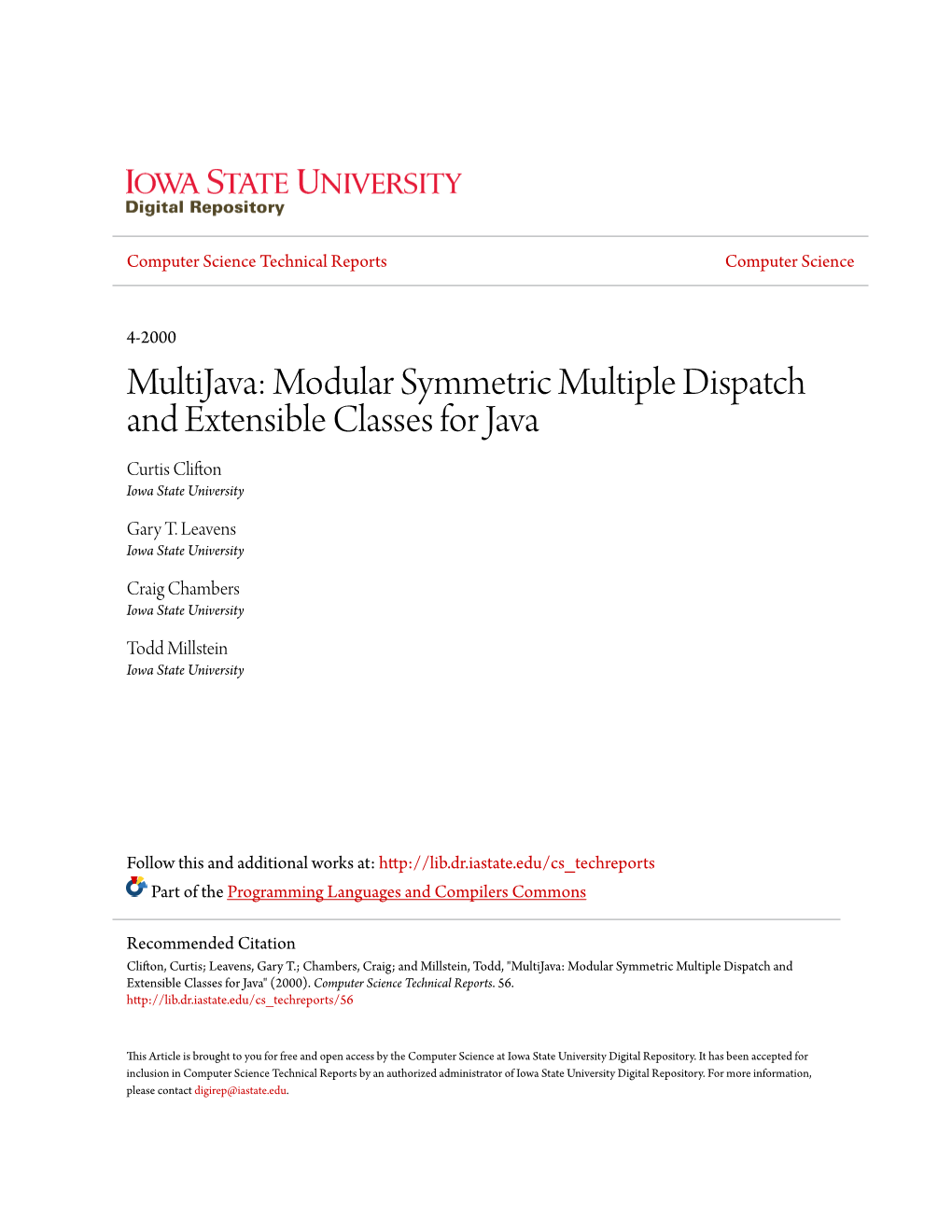 Modular Symmetric Multiple Dispatch and Extensible Classes for Java Curtis Clifton Iowa State University