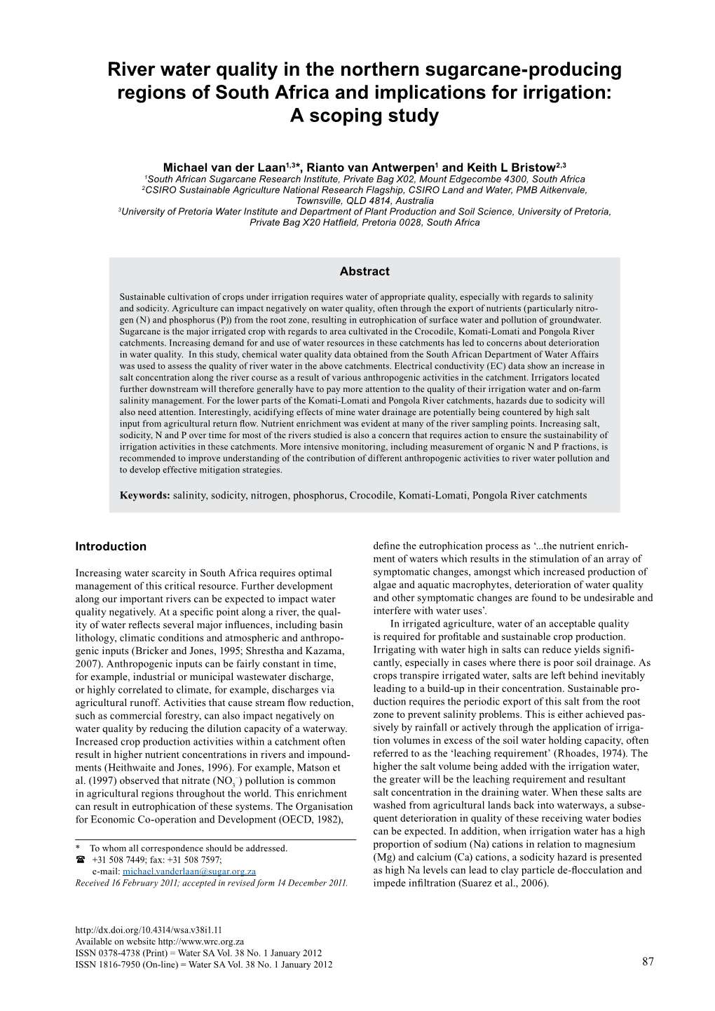 River Water Quality in the Northern Sugarcane-Producing Regions of South Africa and Implications for Irrigation: a Scoping Study