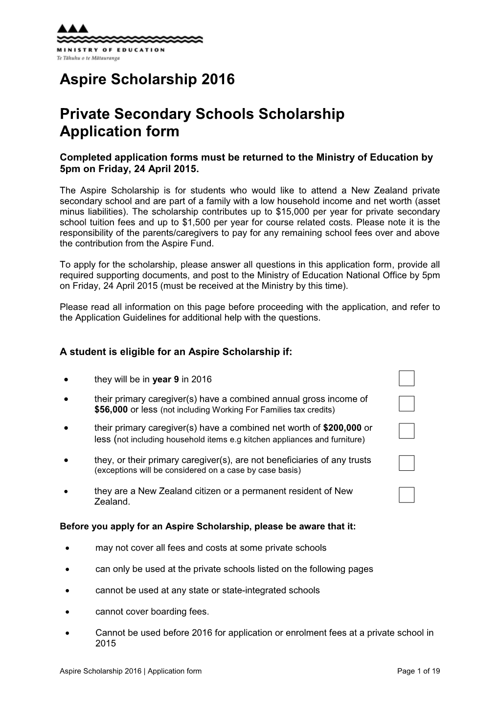 Aspire Scholarship 2016, Private Secondary Schools Scholarship Application Form