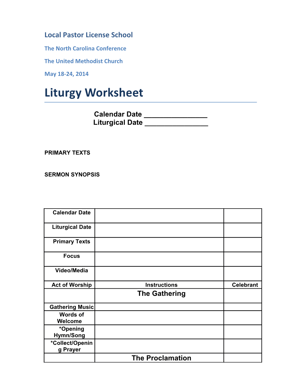 Liturgy Worksheet