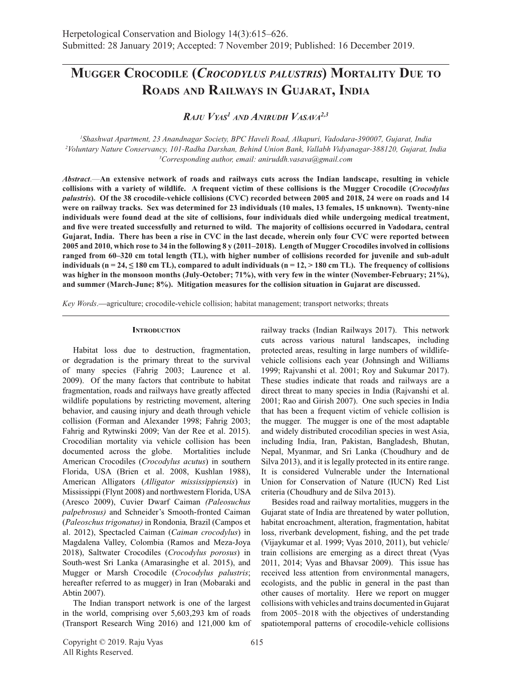 Mugger Crocodile (Crocodylus Palustris) Mortality Due to Roads and Railways in Gujarat, India