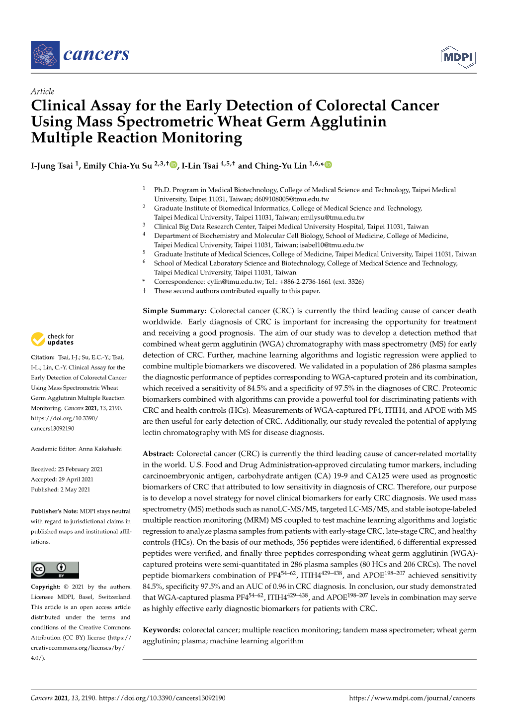 Clinical Assay for the Early Detection of Colorectal Cancer Using Mass Spectrometric Wheat Germ Agglutinin Multiple Reaction Monitoring