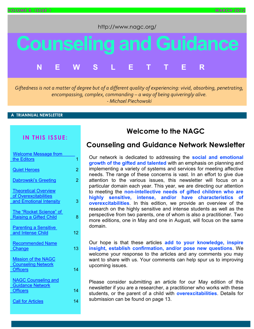 The NAGC Counseling and Guidance Network Newsletter