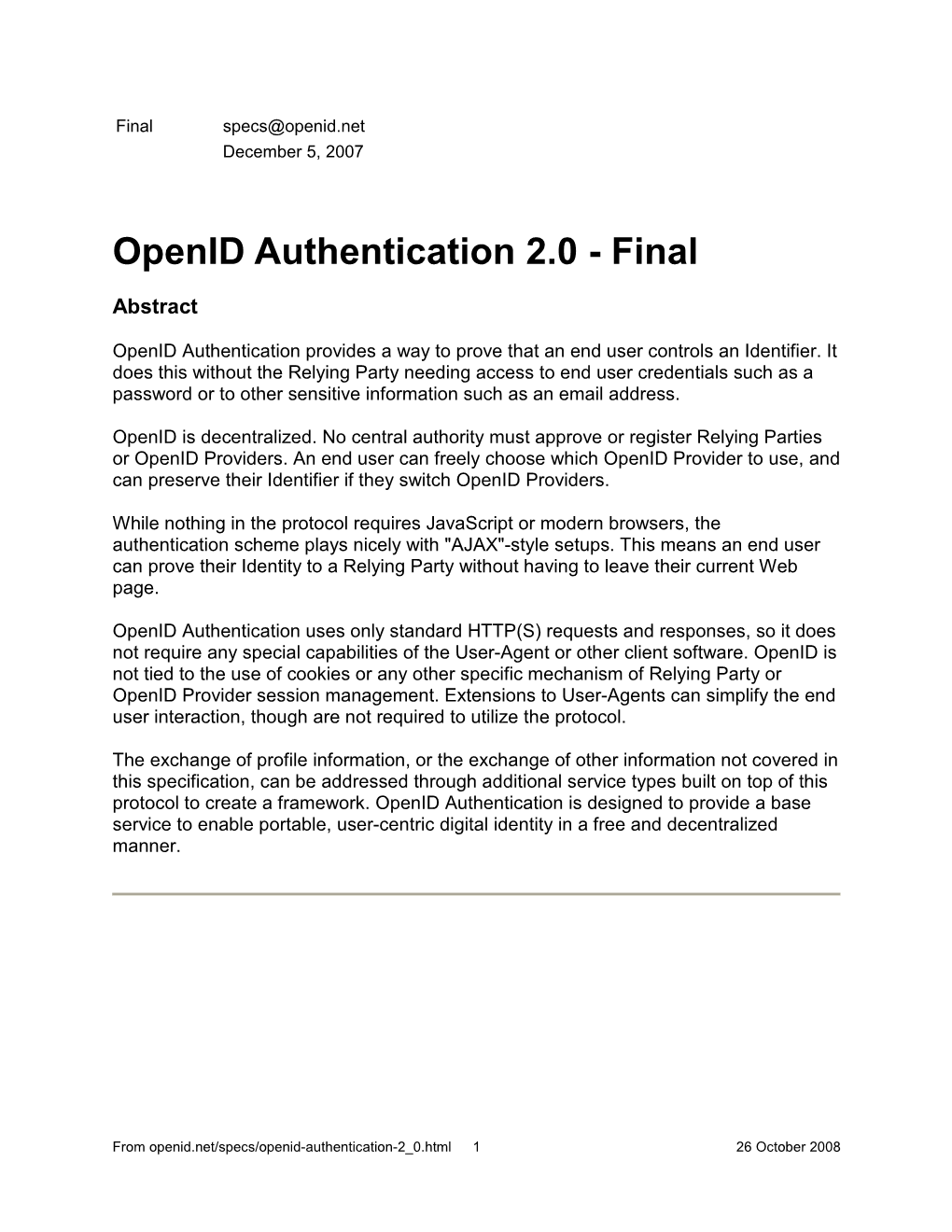 Openid Authentication 2.0 - Final