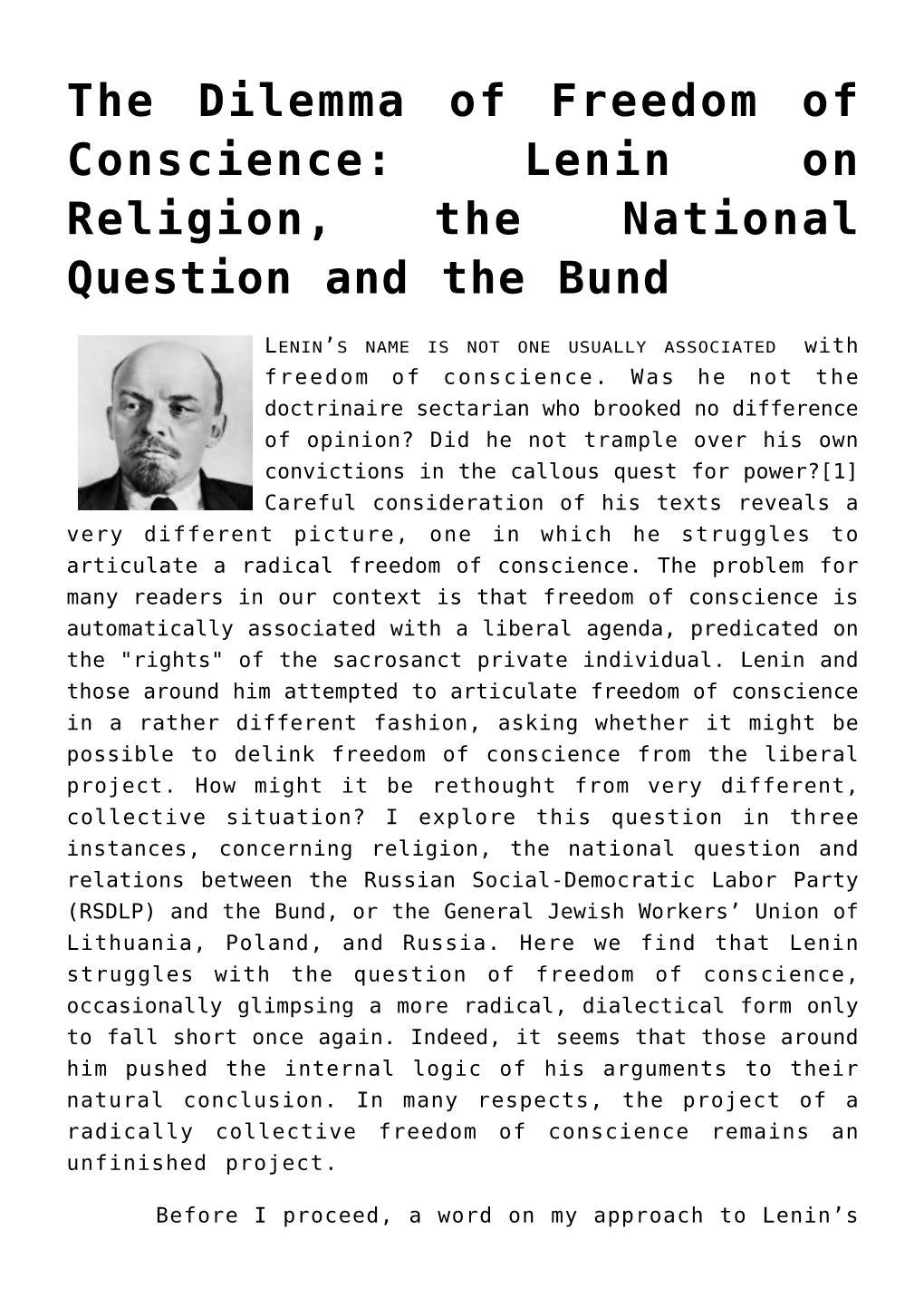 The Dilemma of Freedom of Conscience: Lenin on Religion, the National Question and the Bund