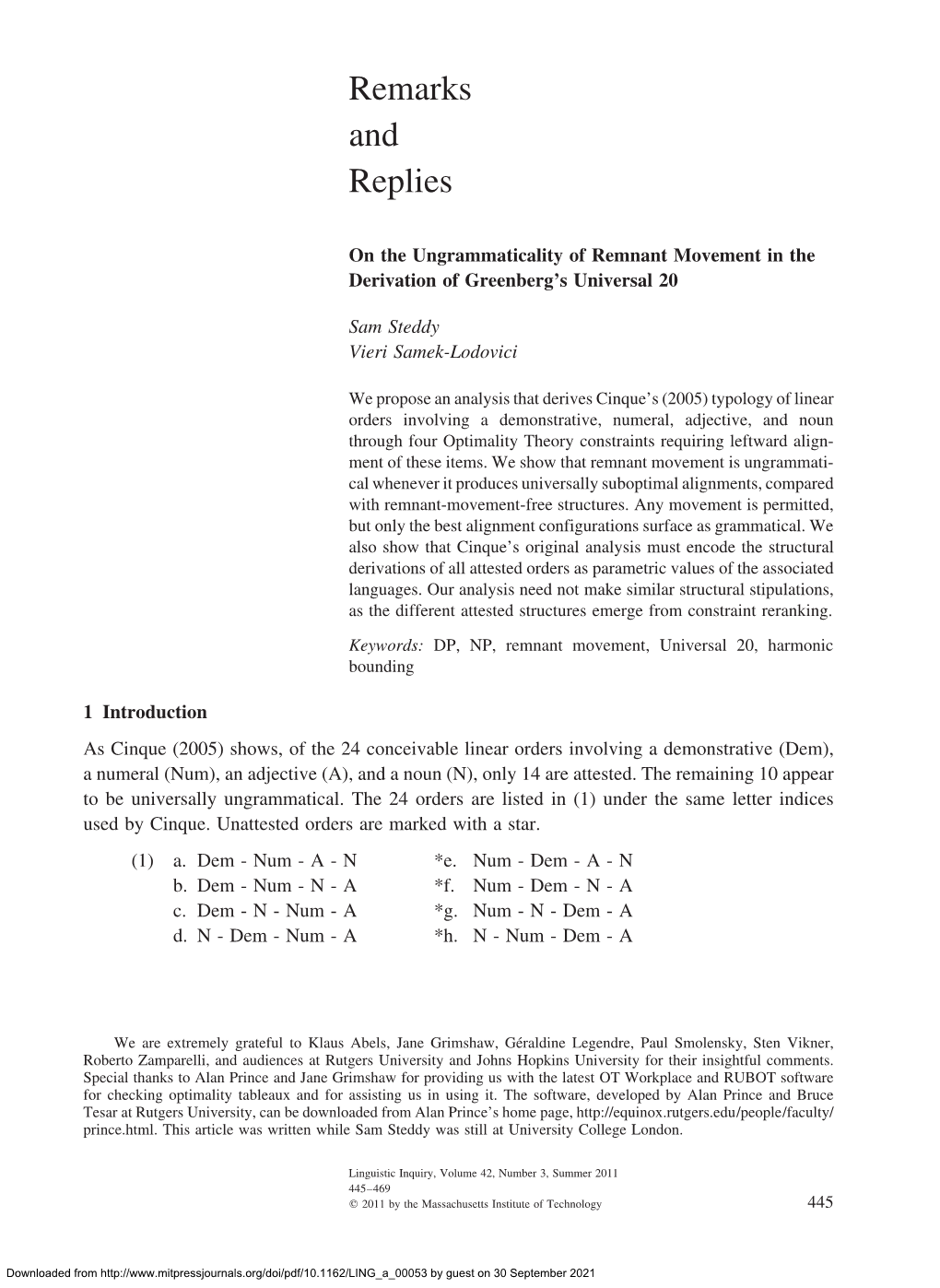 On the Ungrammaticality of Remnant Movement in the Derivation of Greenberg’S Universal 20