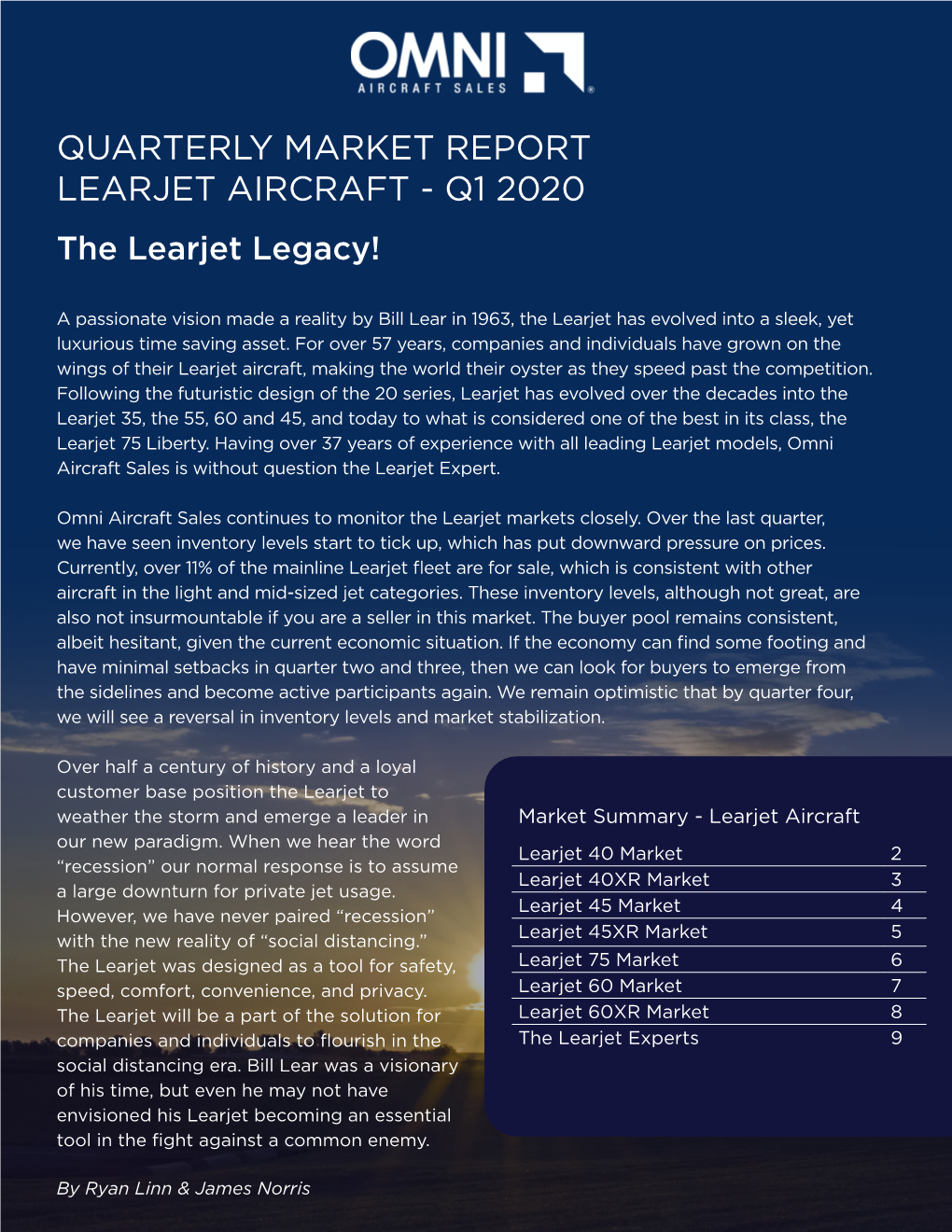 QUARTERLY MARKET REPORT LEARJET AIRCRAFT - Q1 2020 the Learjet Legacy!