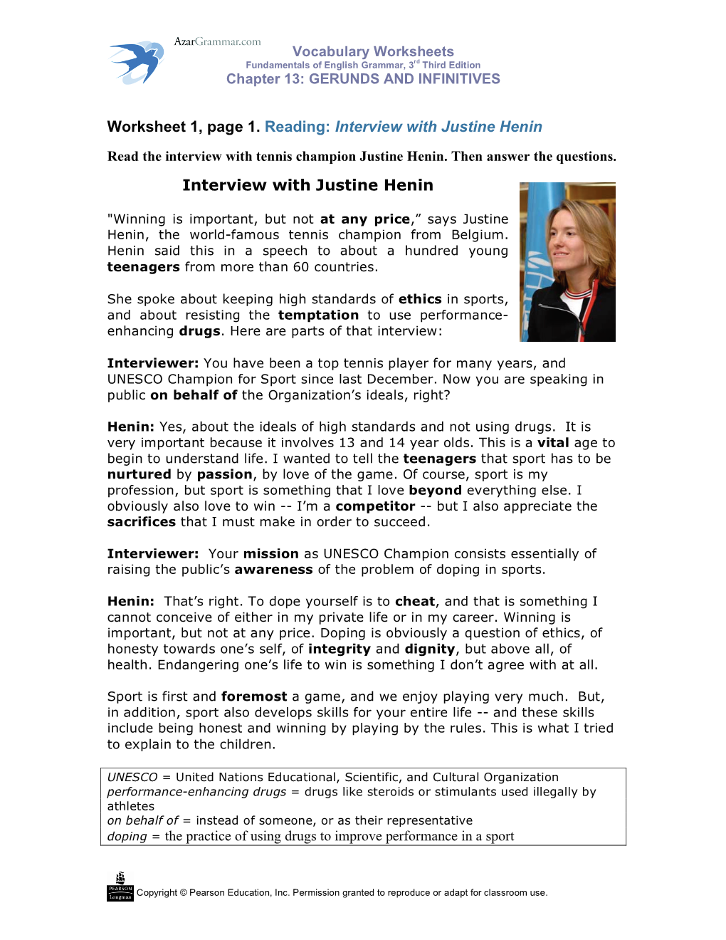 Worksheet 1, Page 1. Reading: Interview with Justine Henin