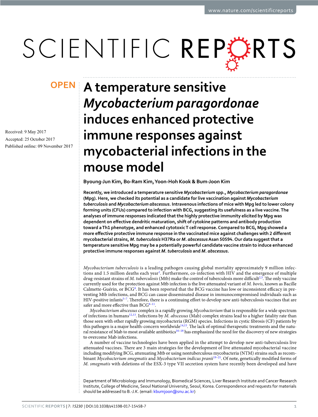 A Temperature Sensitive Mycobacterium Paragordonae
