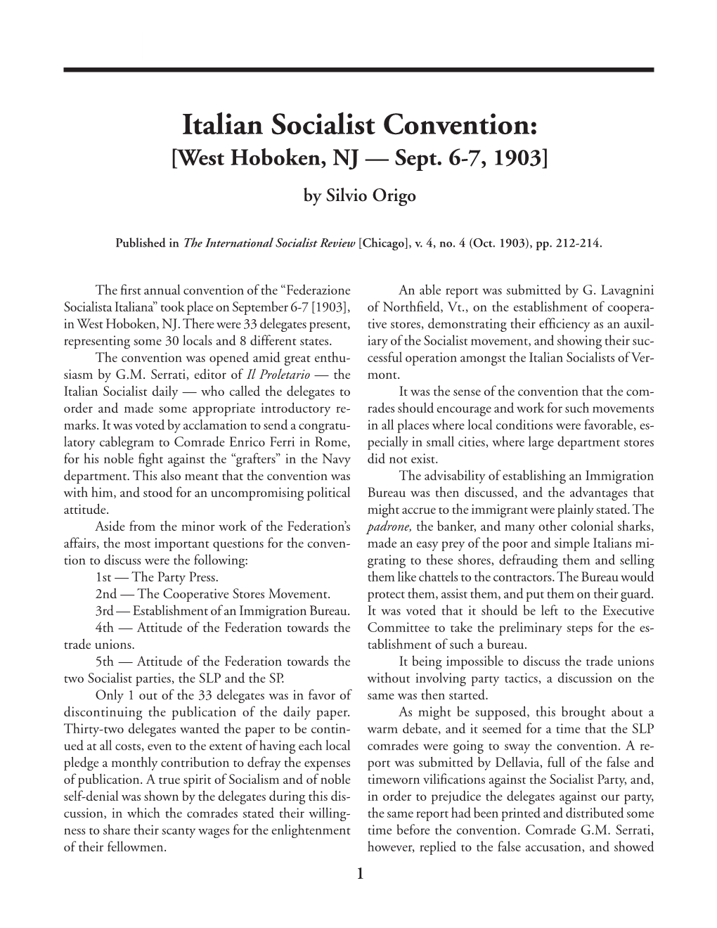 Italian Socialist Convention: [West Hoboken, NJ — Sept