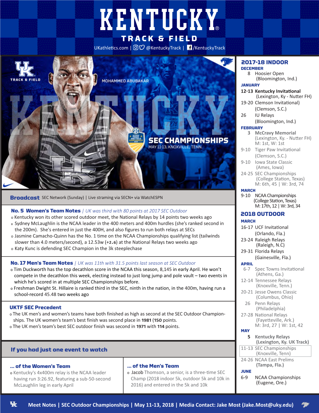 SEC Outdoor Championships | May 11-13, 2018 | Media Contact: Jake Most (Jake.Most@Uky.Edu) Roster