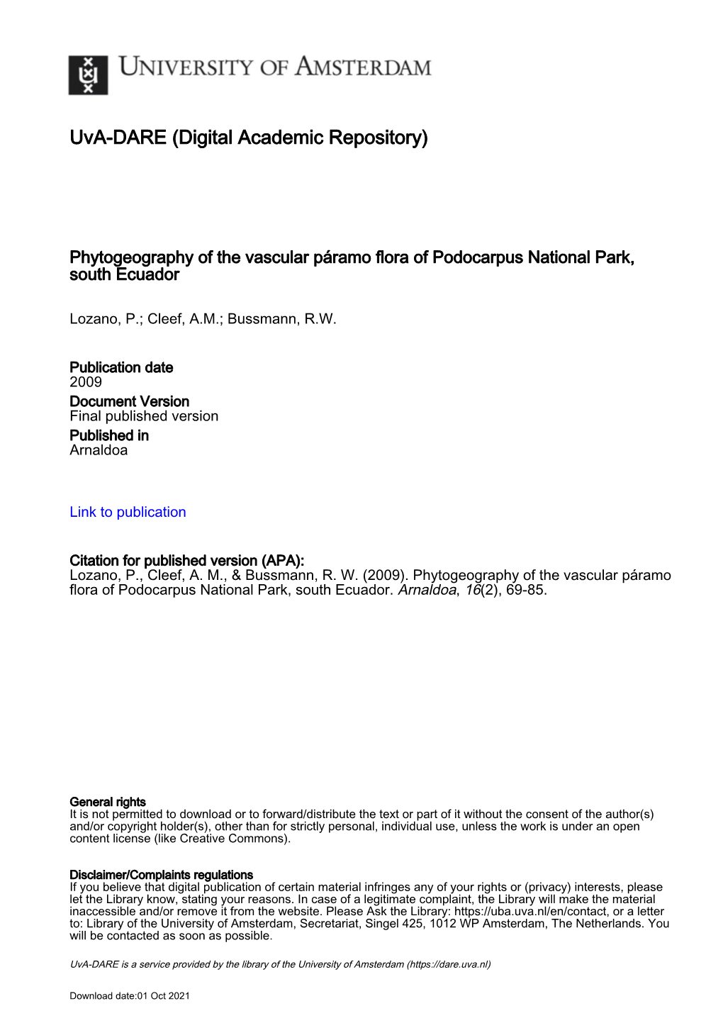 Phytogeography of the Vascular Páramo Flora of Podocarpus National Park, South Ecuador