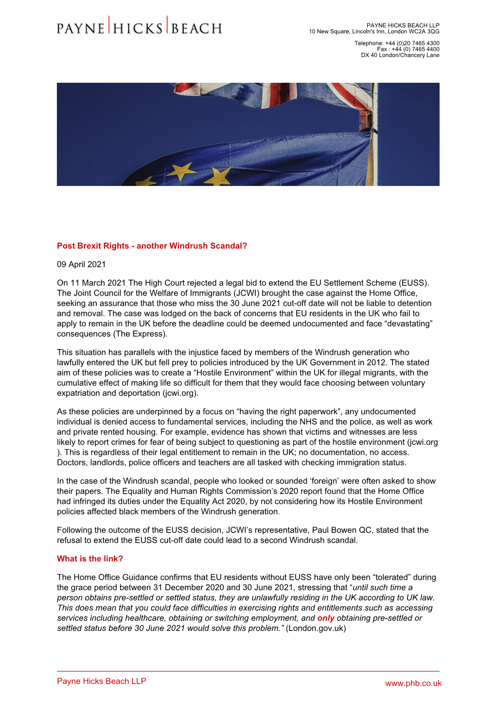 Payne Hicks Beach LLP Post Brexit Rights