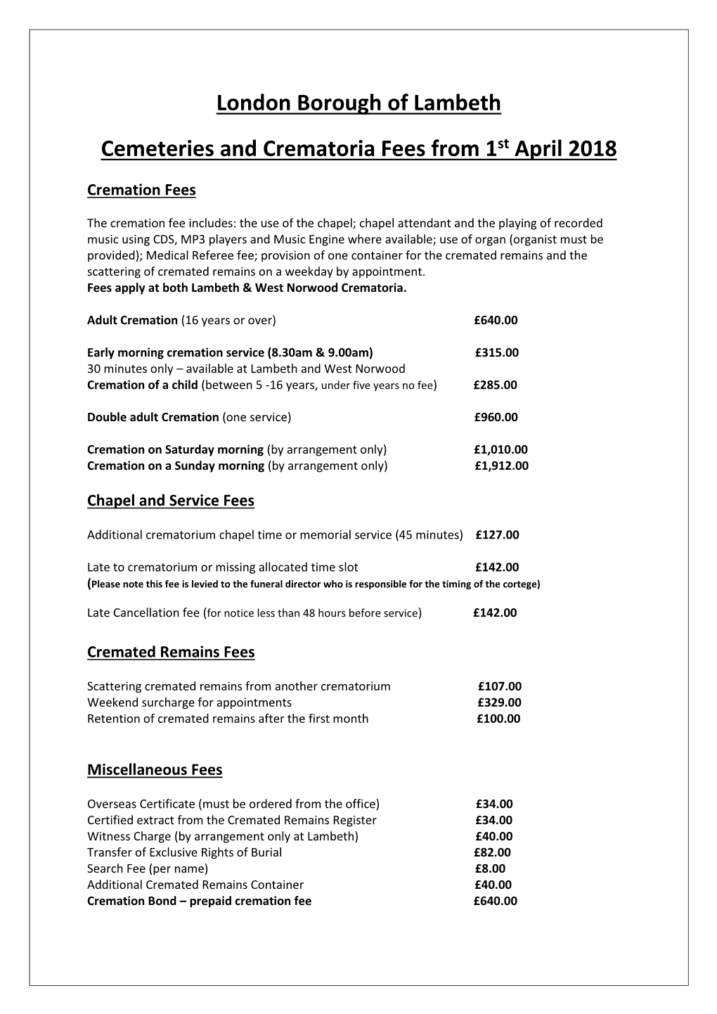London Borough of Lambeth Cemeteries and Crematoria Fees from 1St April 2018