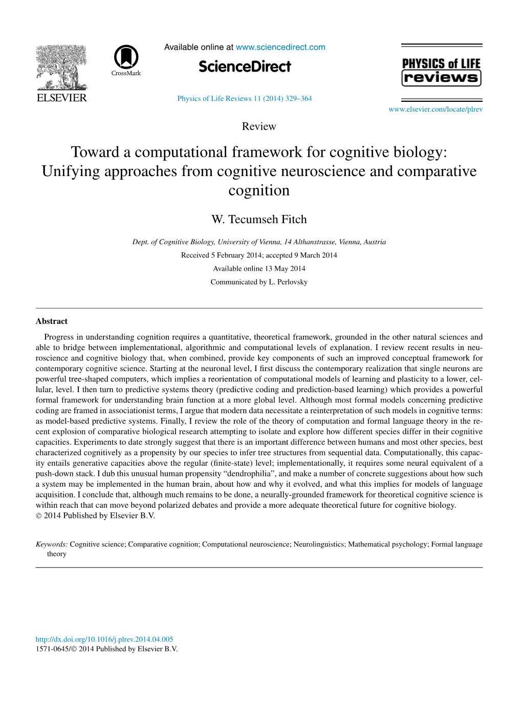 Toward a Computational Framework for Cognitive Biology: Unifying Approaches from Cognitive Neuroscience and Comparative Cognition