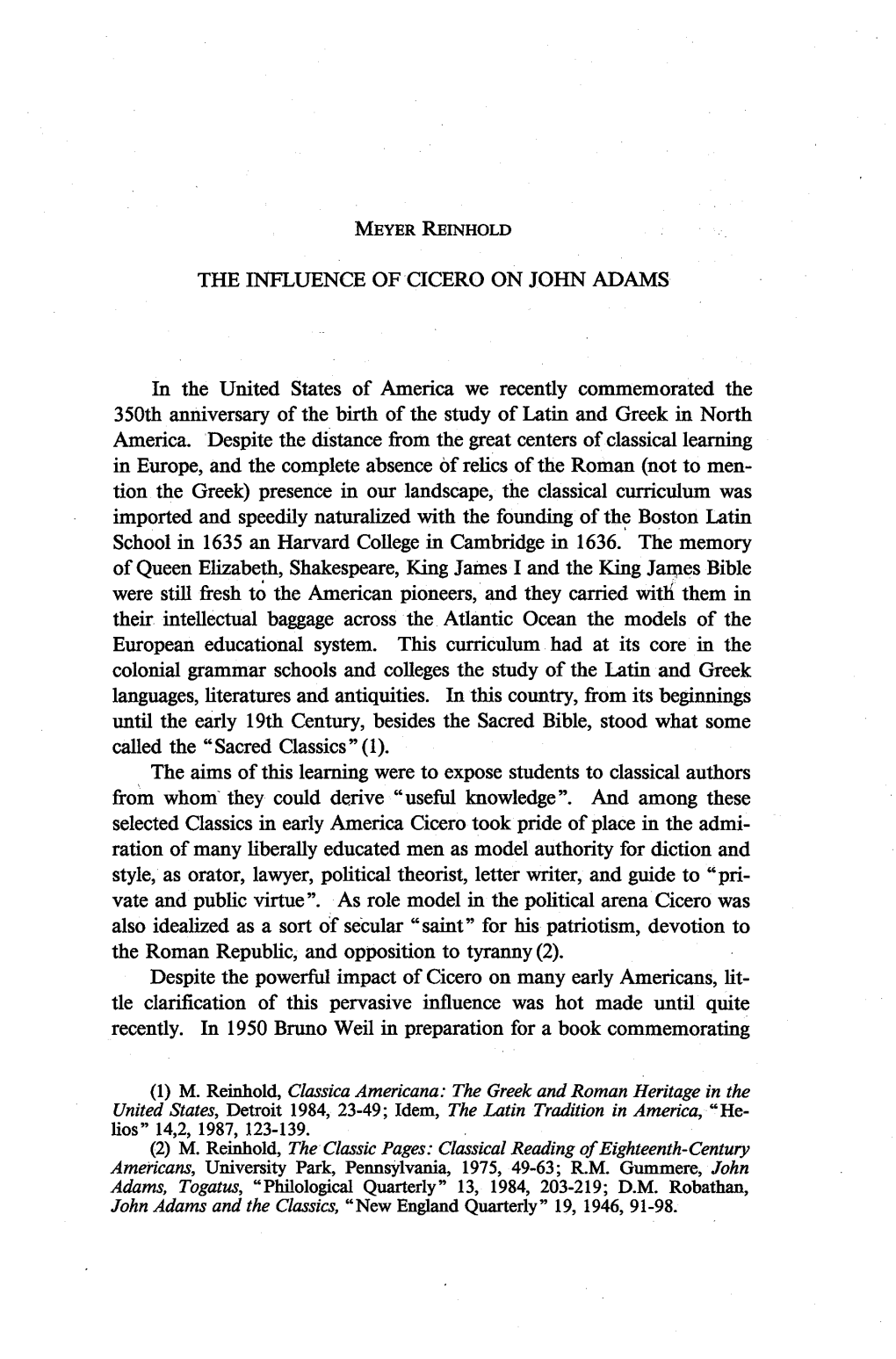 THE INFLUENCE of CICERO on JOHN ADAMS in the United States