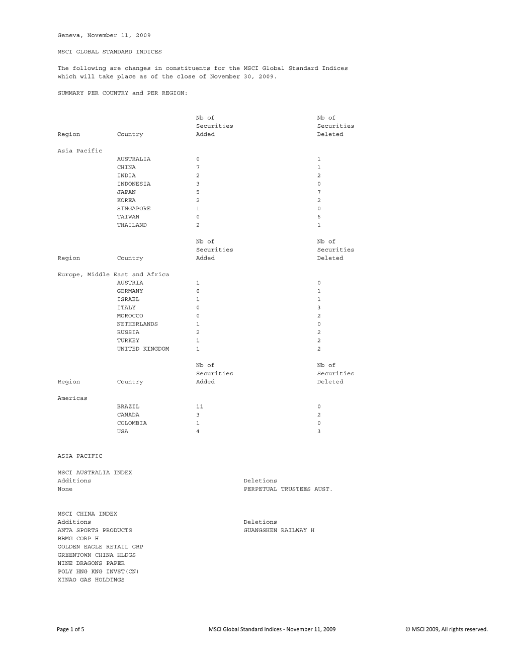 Geneva, November 11, 2009 MSCI GLOBAL STANDARD INDICES The