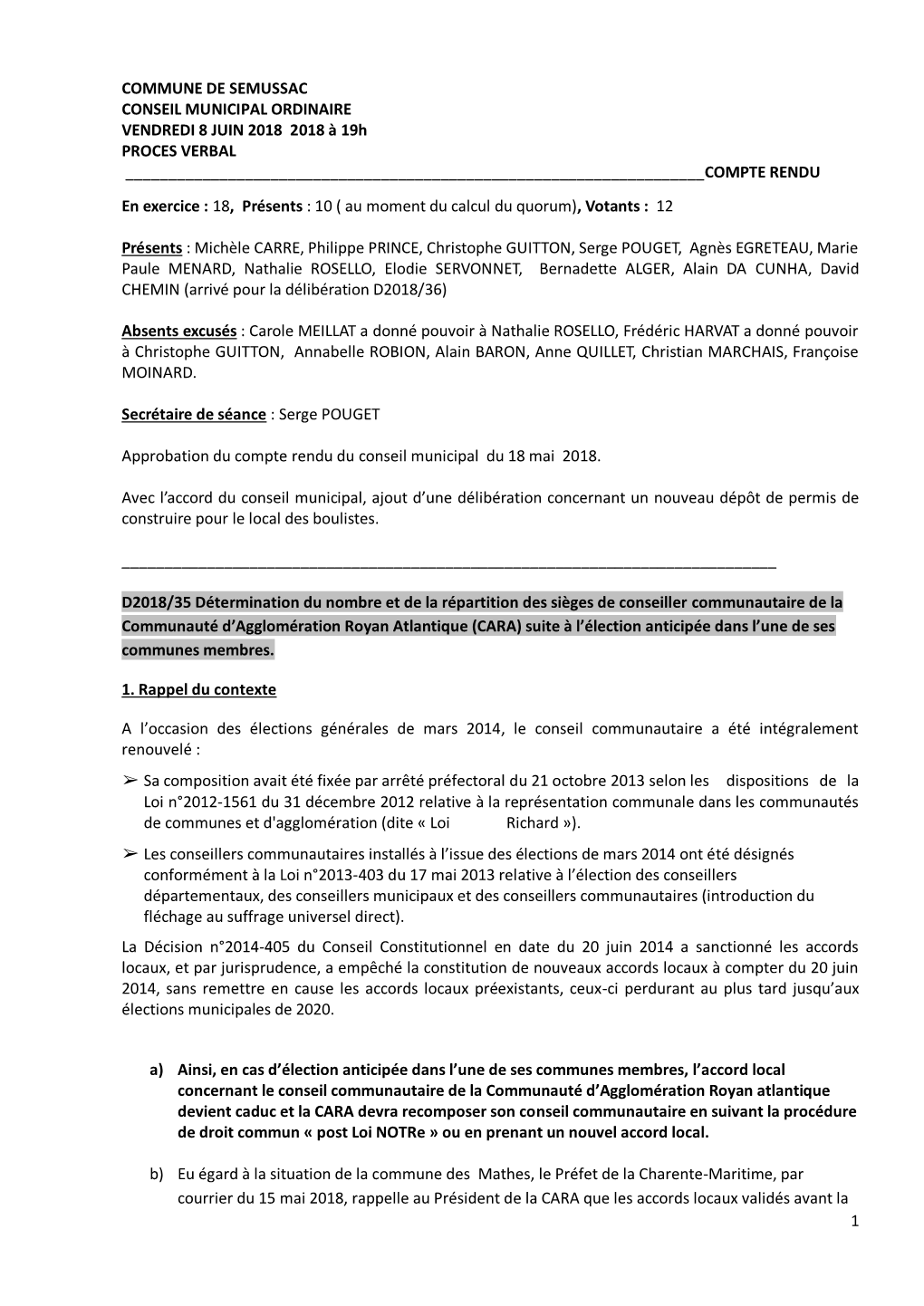 1 Commune De Semussac Conseil Municipal Ordinaire