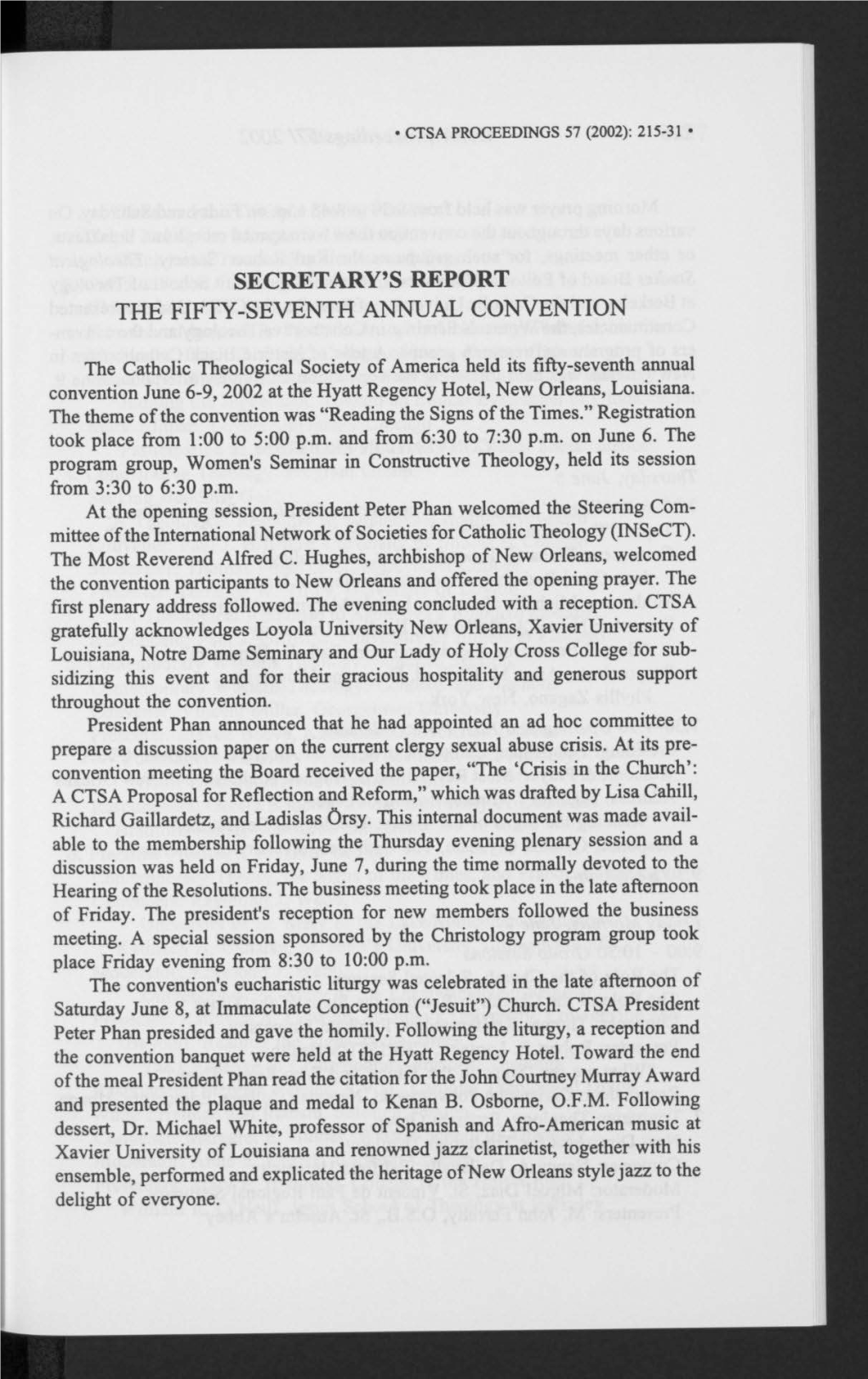 Secretary's Report the Fifty-Seventh Annual Convention