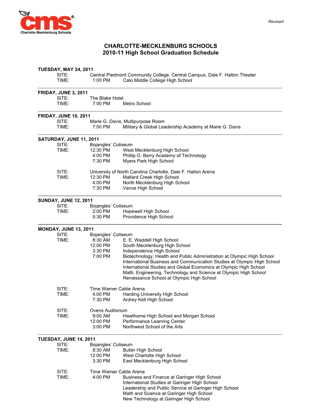 CHARLOTTE-MECKLENBURG SCHOOLS 2010-11 High School Graduation Schedule