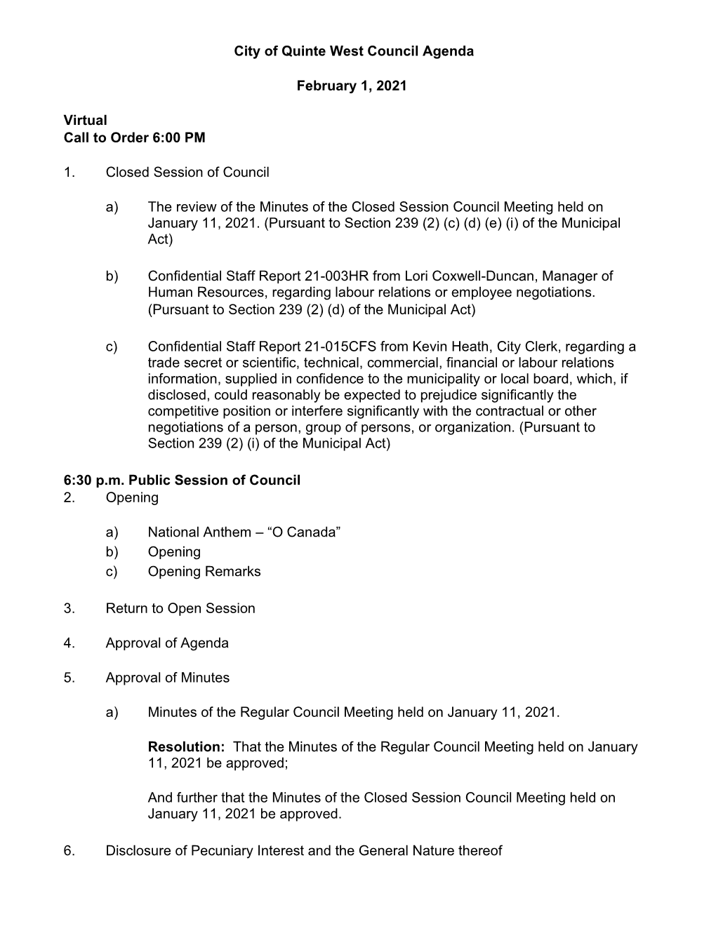 City of Quinte West Council Agenda February 1, 2021 Virtual Call To