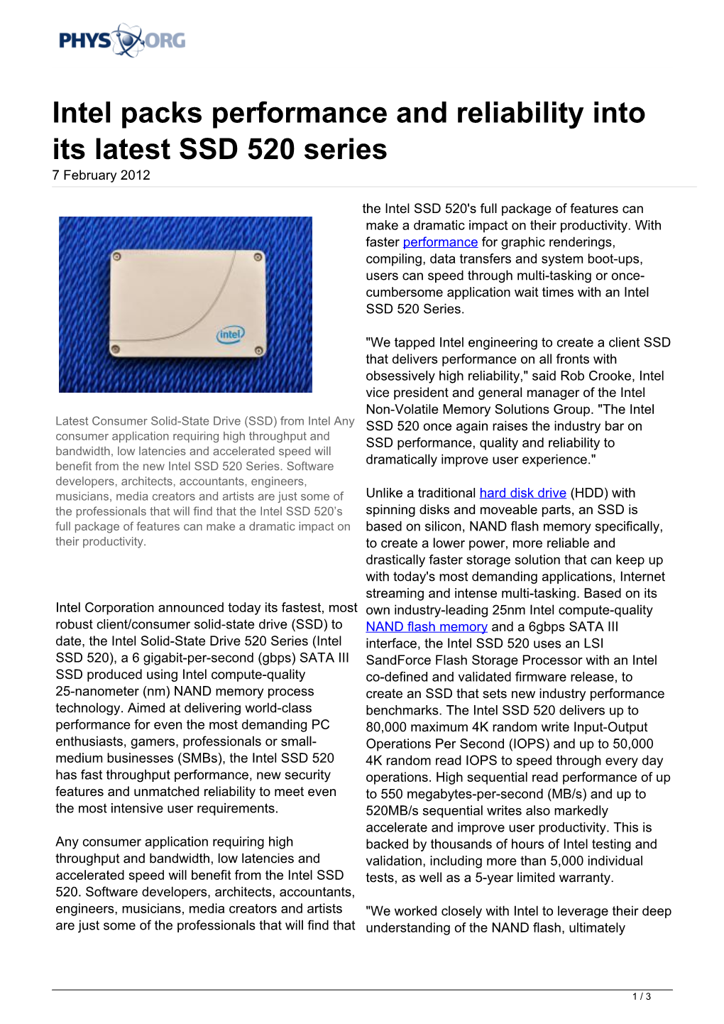 Intel Packs Performance and Reliability Into Its Latest SSD 520 Series 7 February 2012