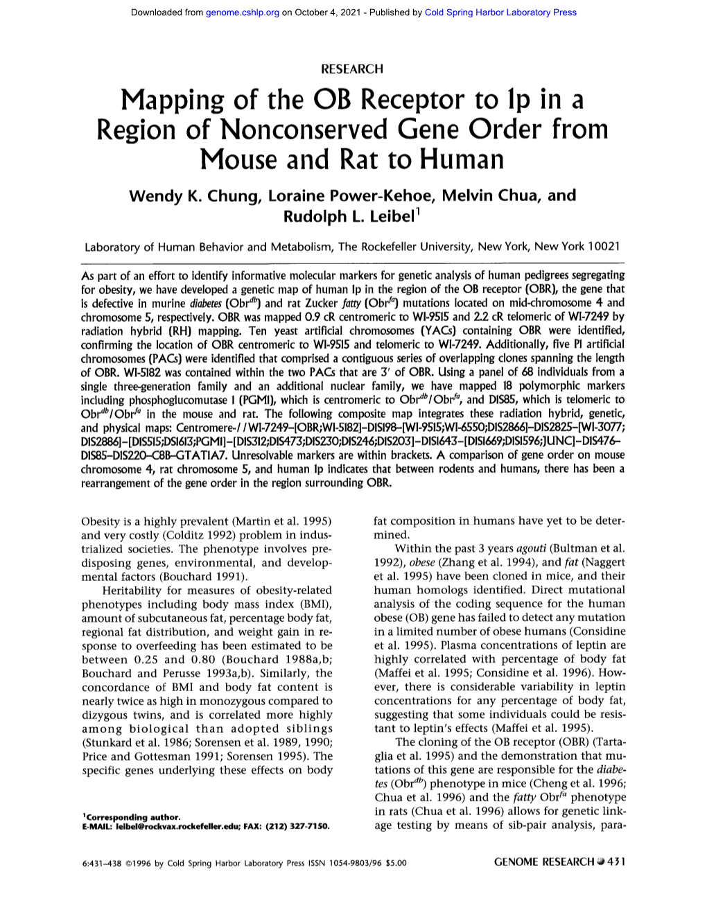 Mapping of the OB Receptor to Lp in a Region of Nonconserved Gene Order from Mouse and Rat to Human Wendy K