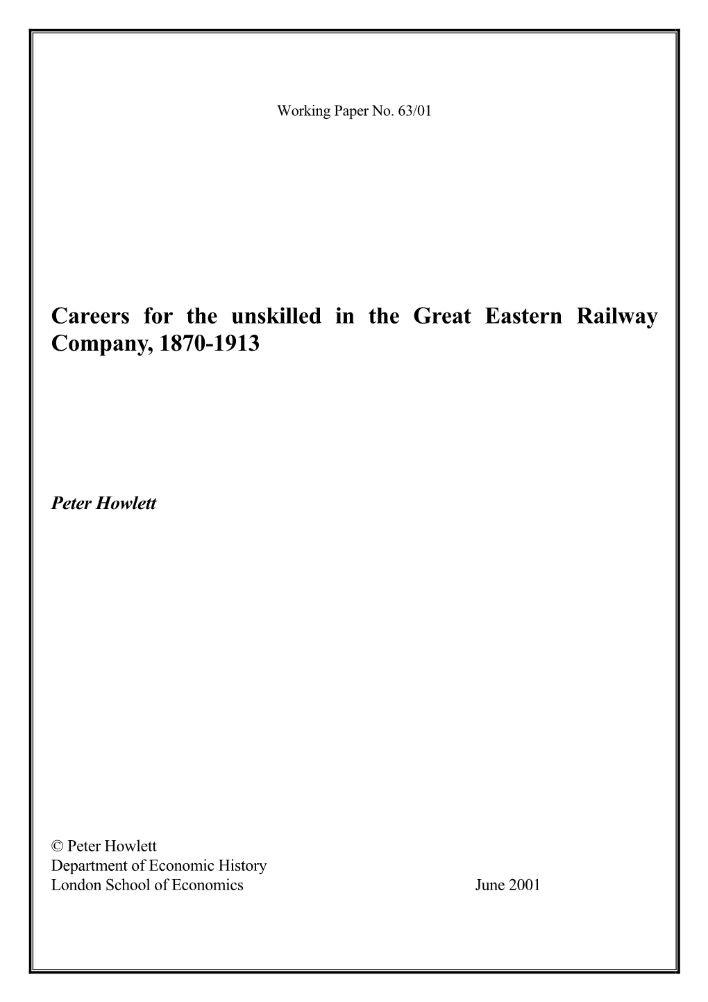 Careers for the Unskilled in the Great Eastern Railway Company, 1870-1913