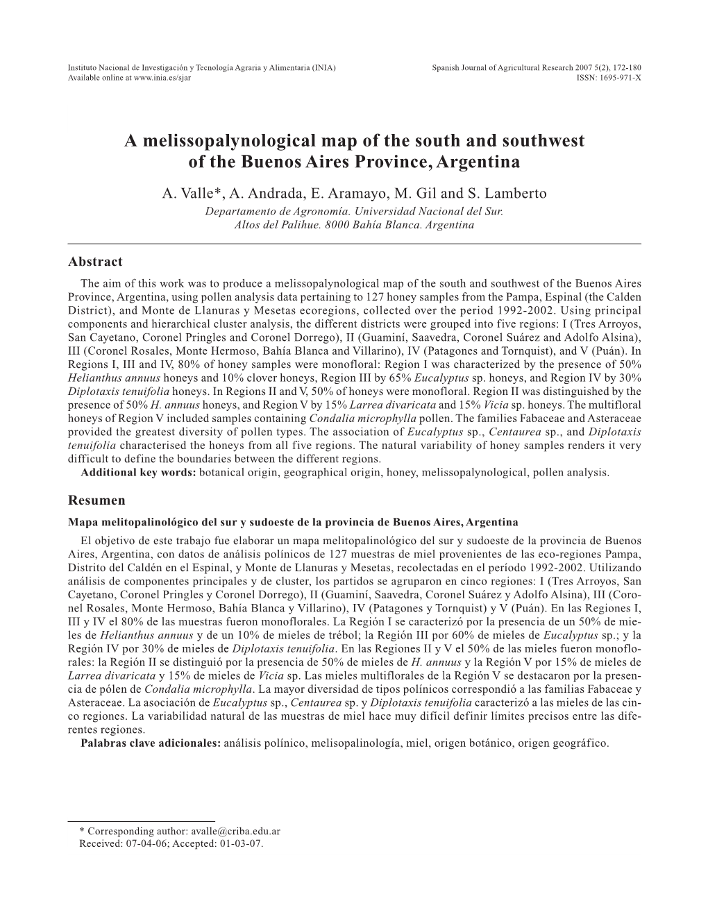 A Melissopalynological Map of the South and Southwest of the Buenos Aires Province, Argentina A