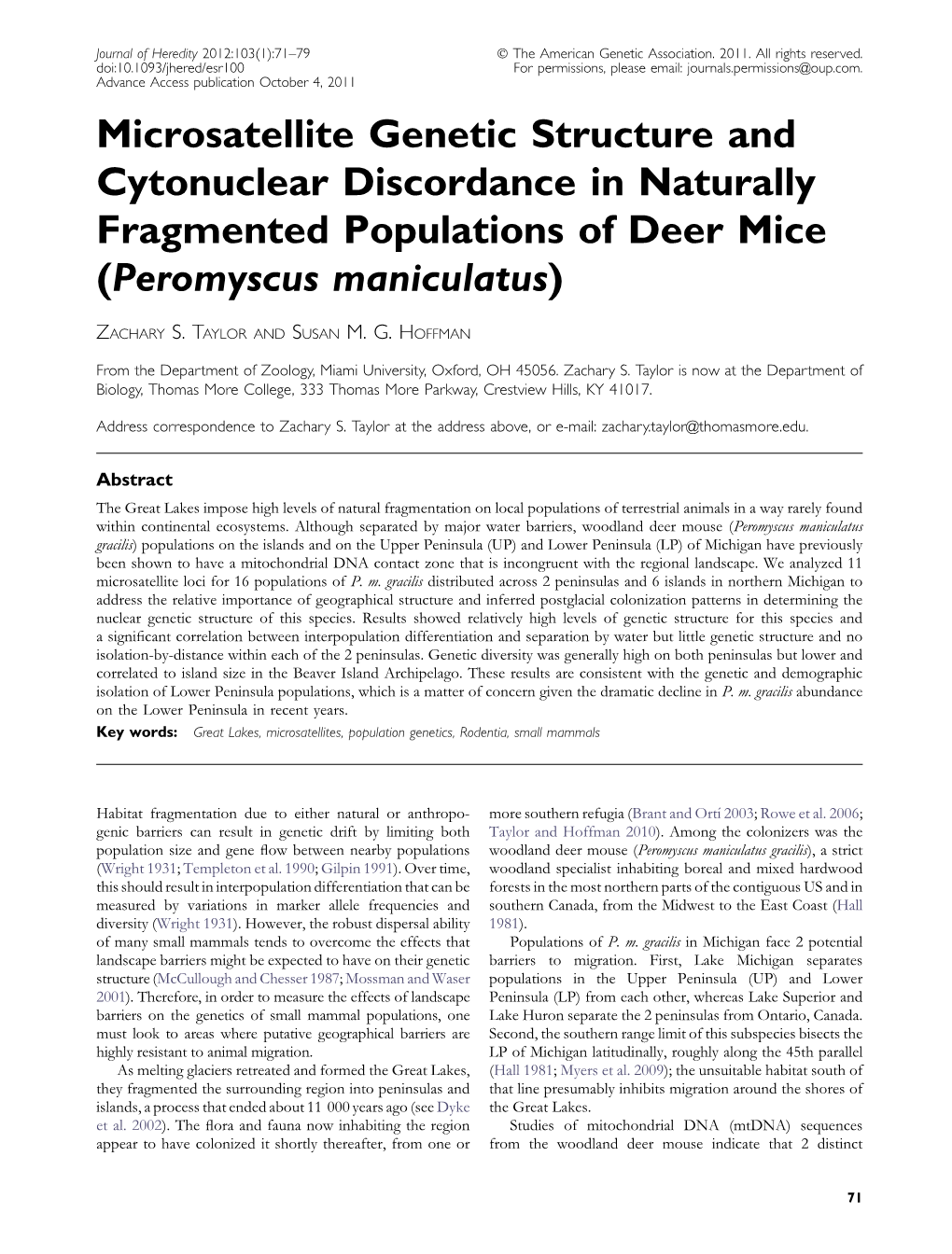 Microsatellite Genetic Structure and Cytonuclear Discordance in Naturally Fragmented Populations of Deer Mice (Peromyscus Maniculatus)