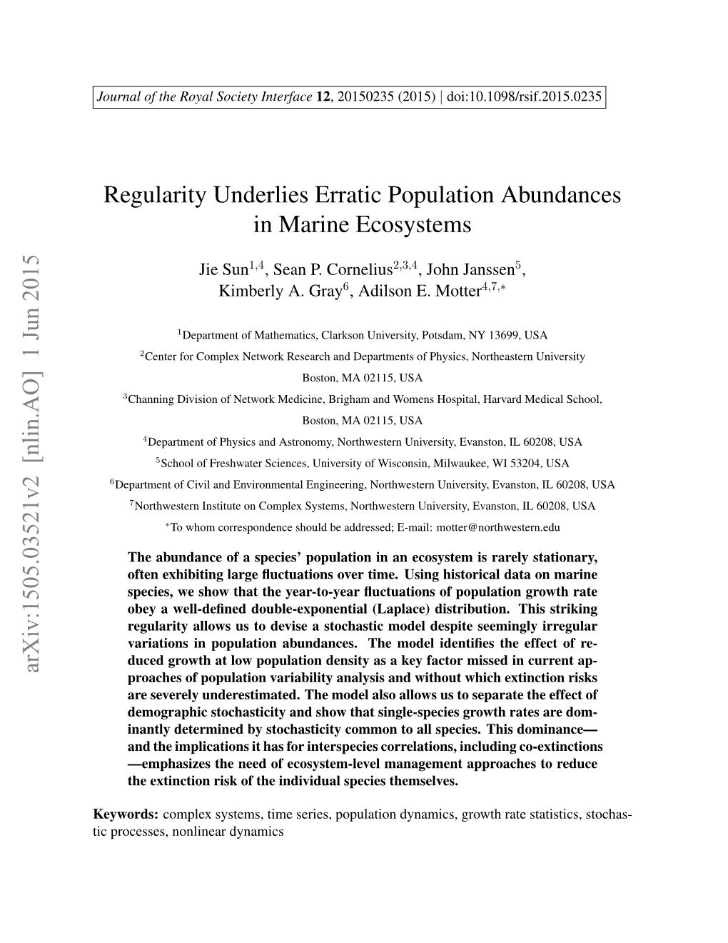 Regularity Underlies Erratic Population Abundances in Marine Ecosystems Arxiv:1505.03521V2 [Nlin.AO] 1 Jun 2015