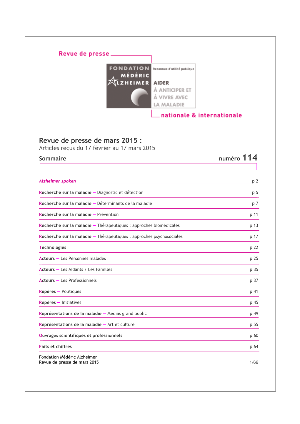 Revue De Presse De Mars 2015 : ��������������������������������������������� � Sommaire Numéro 114