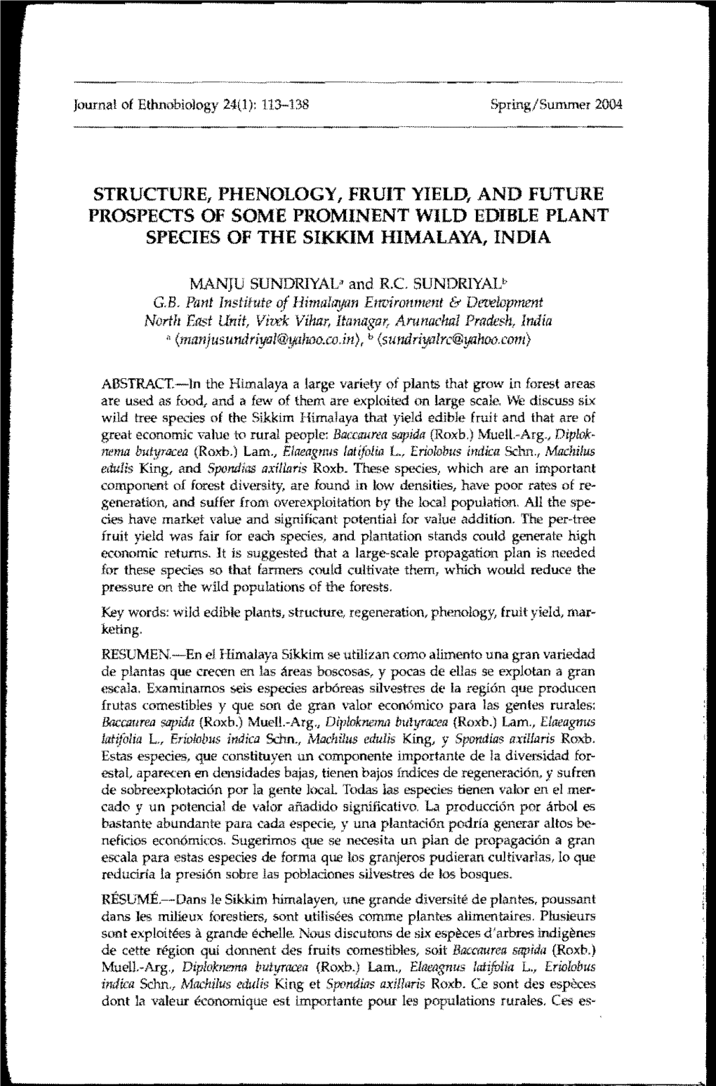 Structure, Phenology, Fruit Yield, and Future Prospects of Some Prominent Wild Edible Plant Species of the Sikkim Himalaya, India