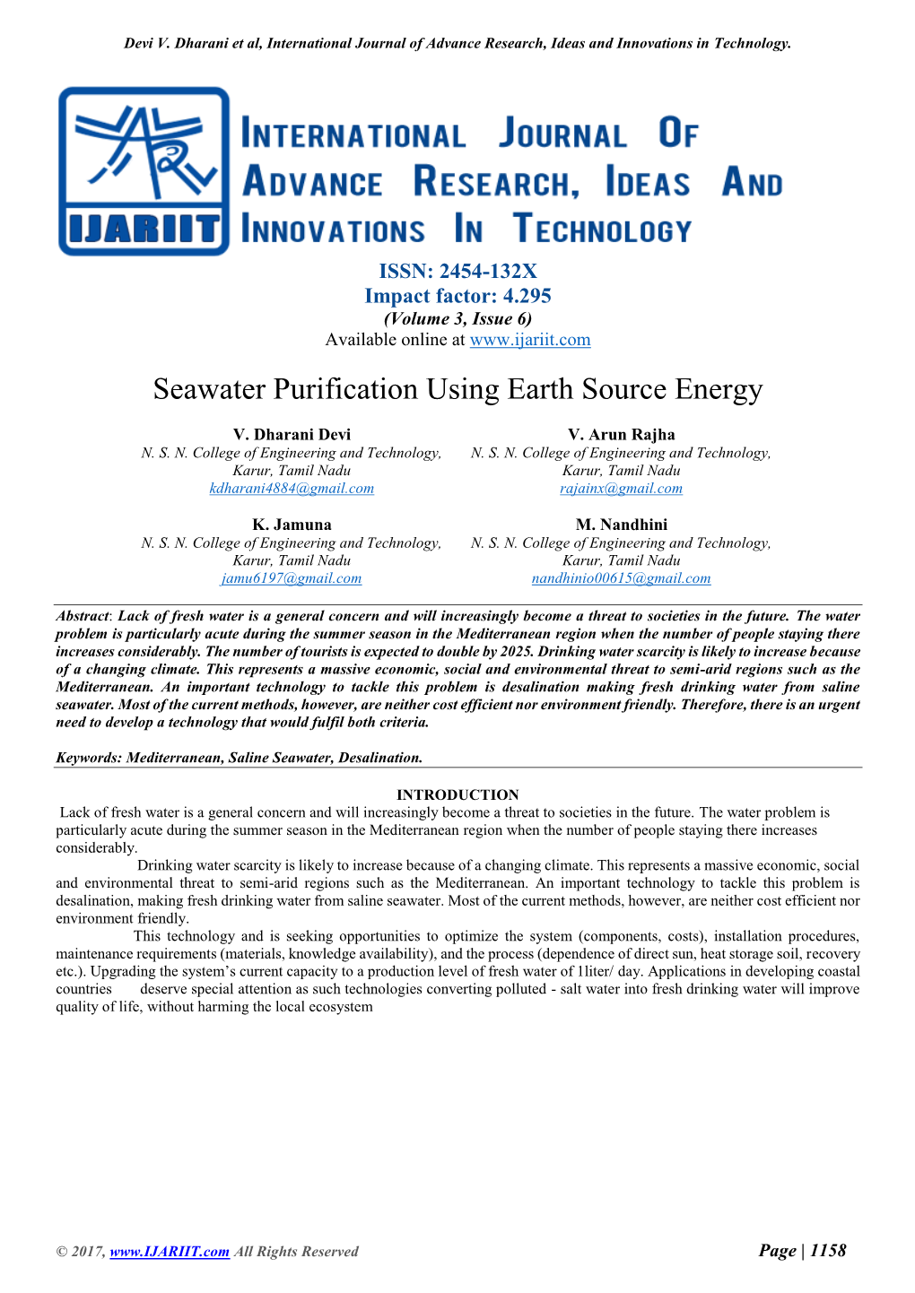 Seawater Purification Using Earth Source Energy