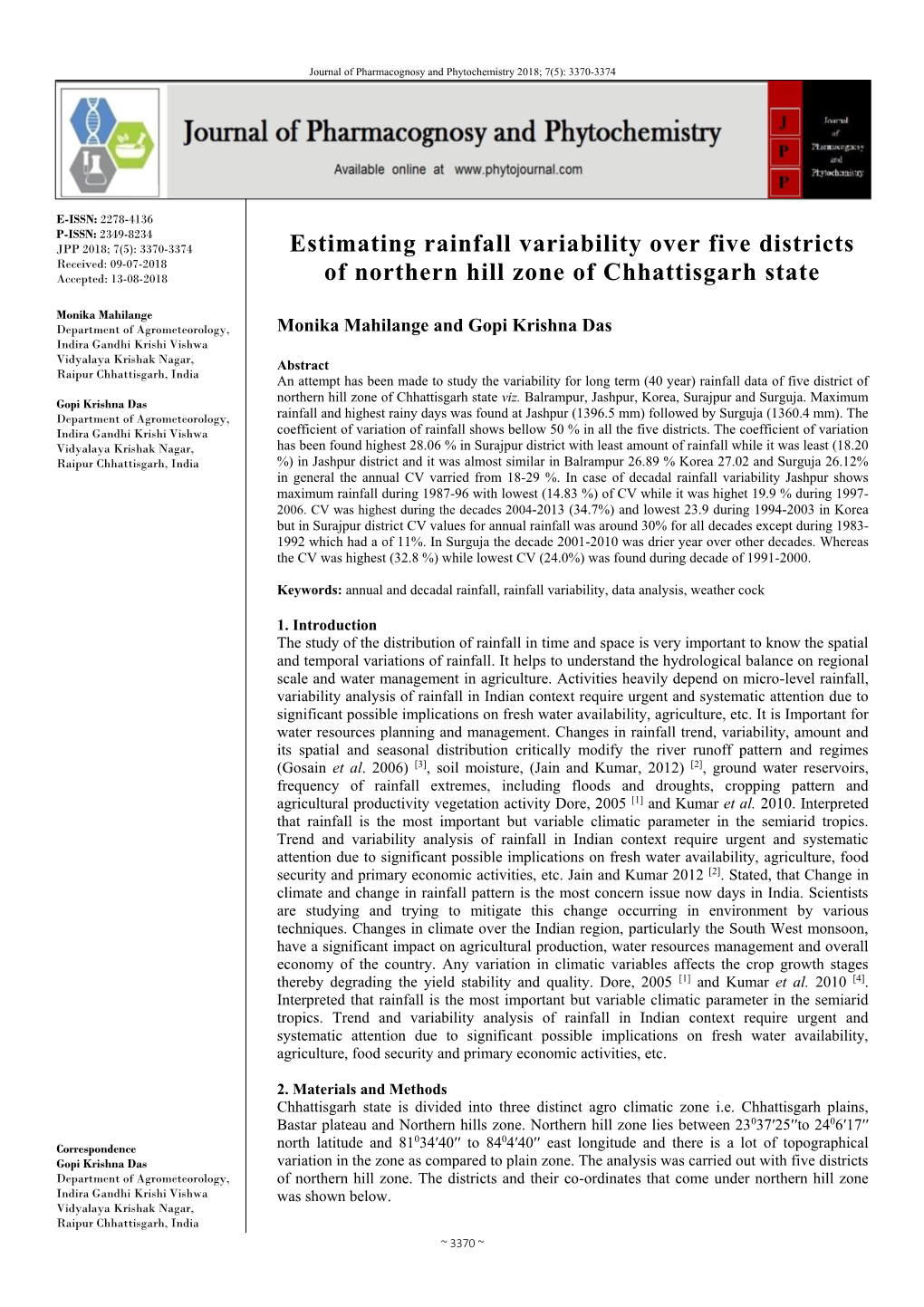 Estimating Rainfall Variability Over Five Districts of Northern Hill Zone of Chhattisgarh State