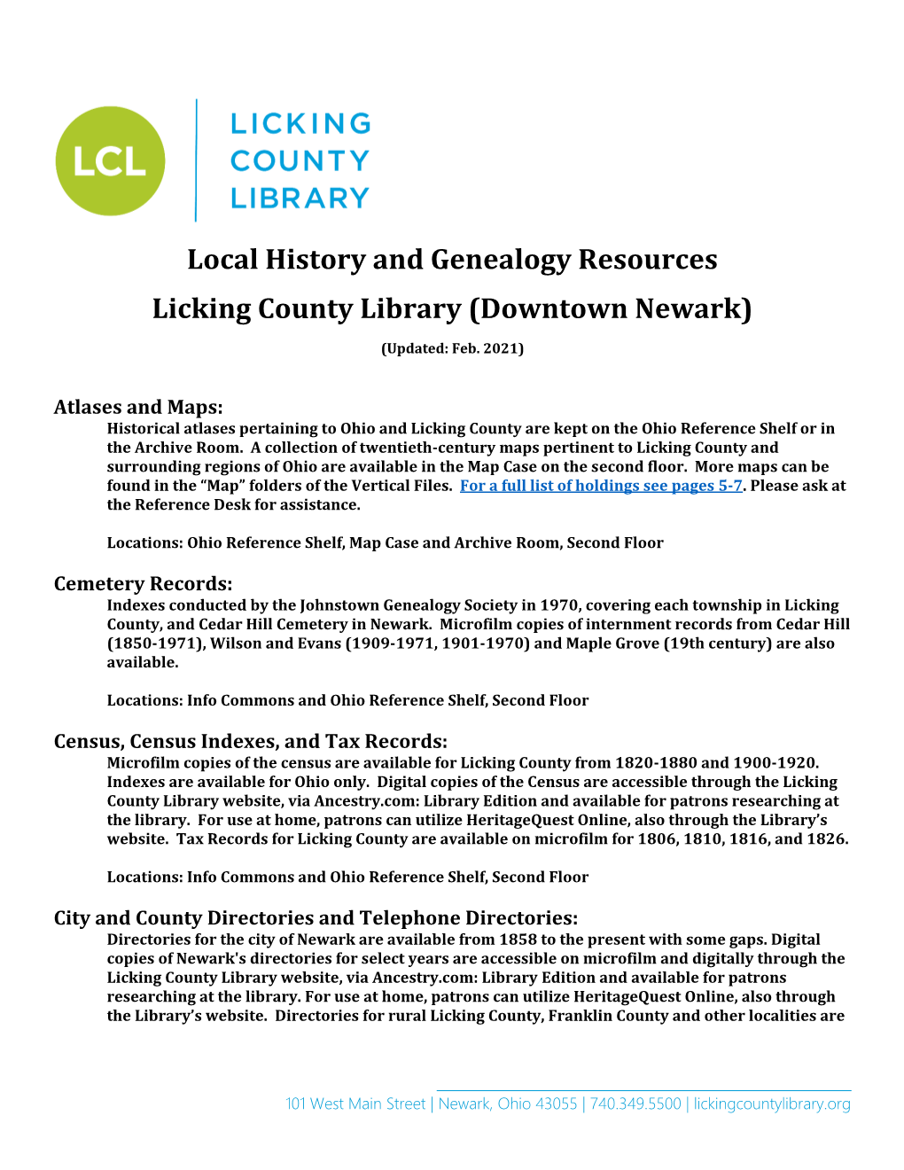 Local History and Genealogy Resources Licking County Library (Downtown Newark)