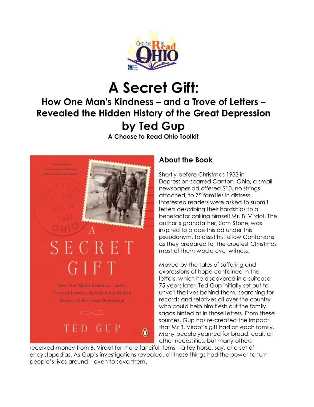 A Secret Gift: How One Man's Kindness – and a Trove of Letters – Revealed the Hidden History of the Great Depression by Ted Gup a Choose to Read Ohio Toolkit