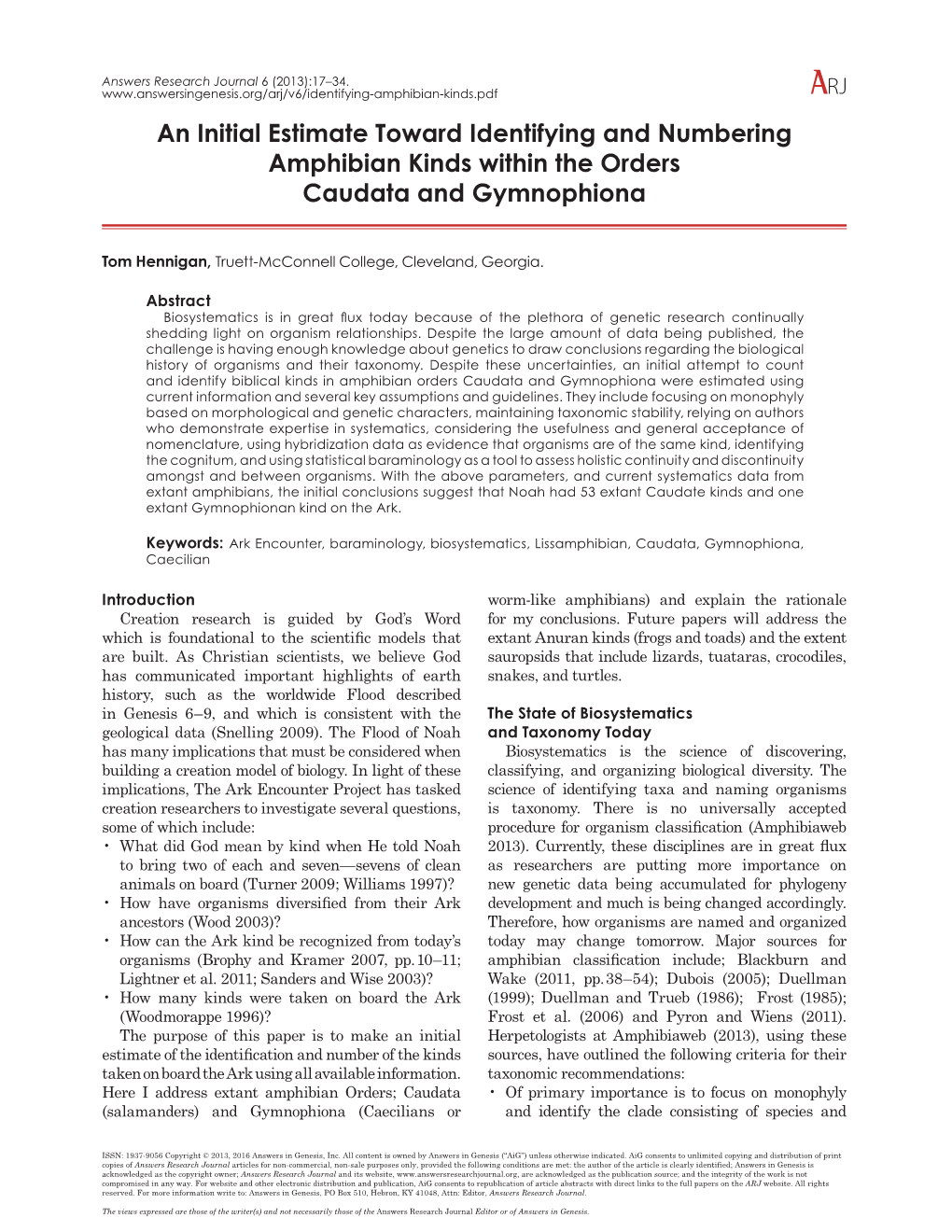 Identifying-Amphibian-Kinds.Pdf an Initial Estimate Toward Identifying and Numbering Amphibian Kinds Within the Orders Caudata and Gymnophiona