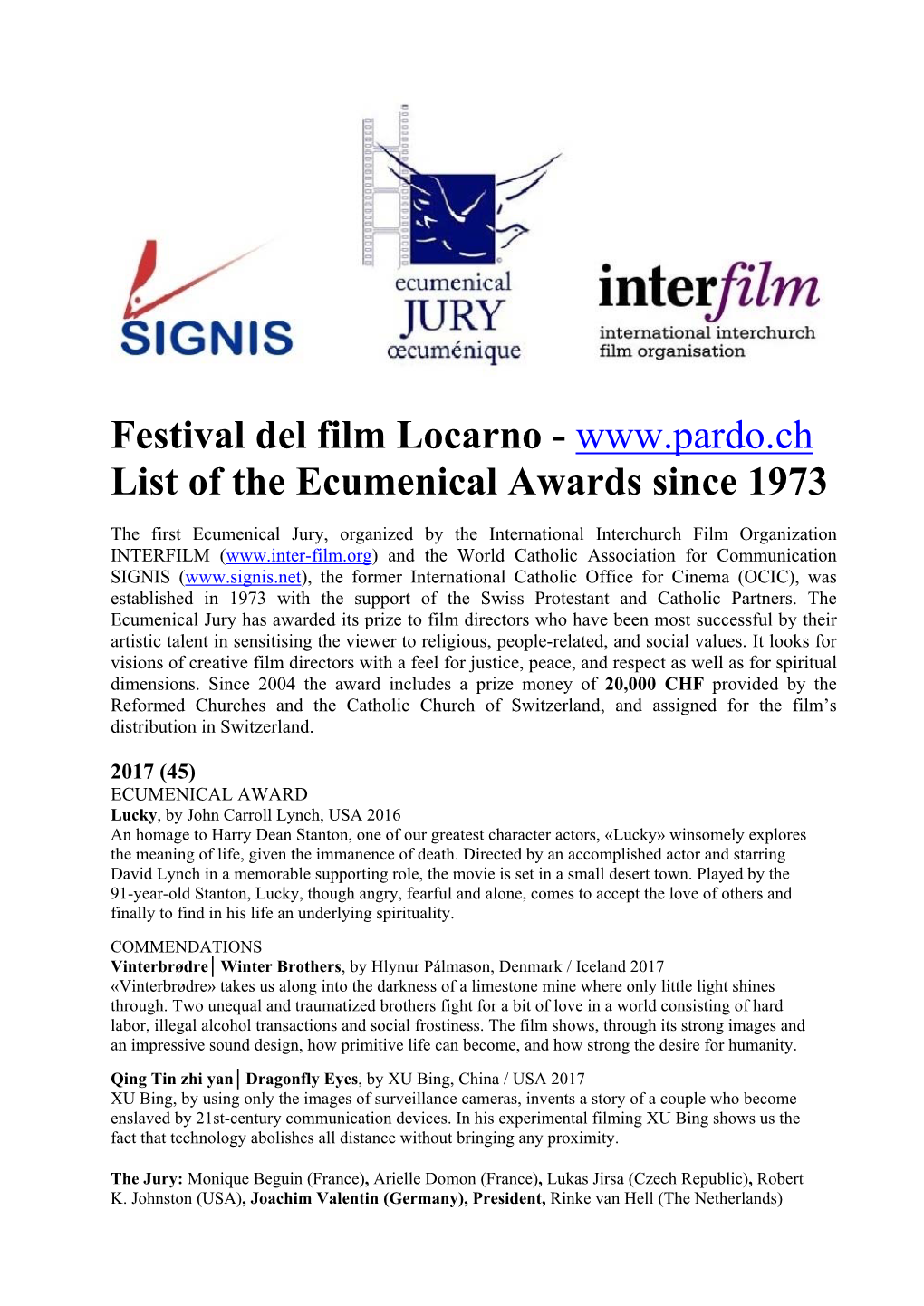 Festival Del Film Locarno - List of the Ecumenical Awards Since 1973
