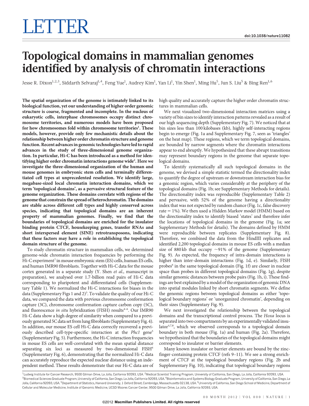 Topological Domains in Mammalian Genomes Identified by Analysis of Chromatin Interactions